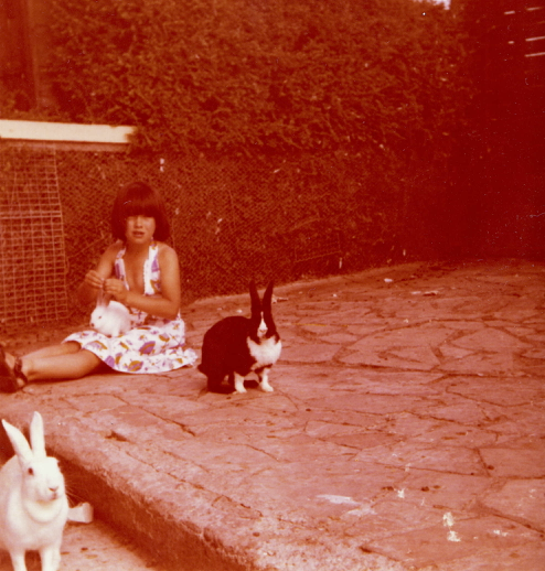 Justine on hol with rabbits in backless Marilyn Monroe dress!.png