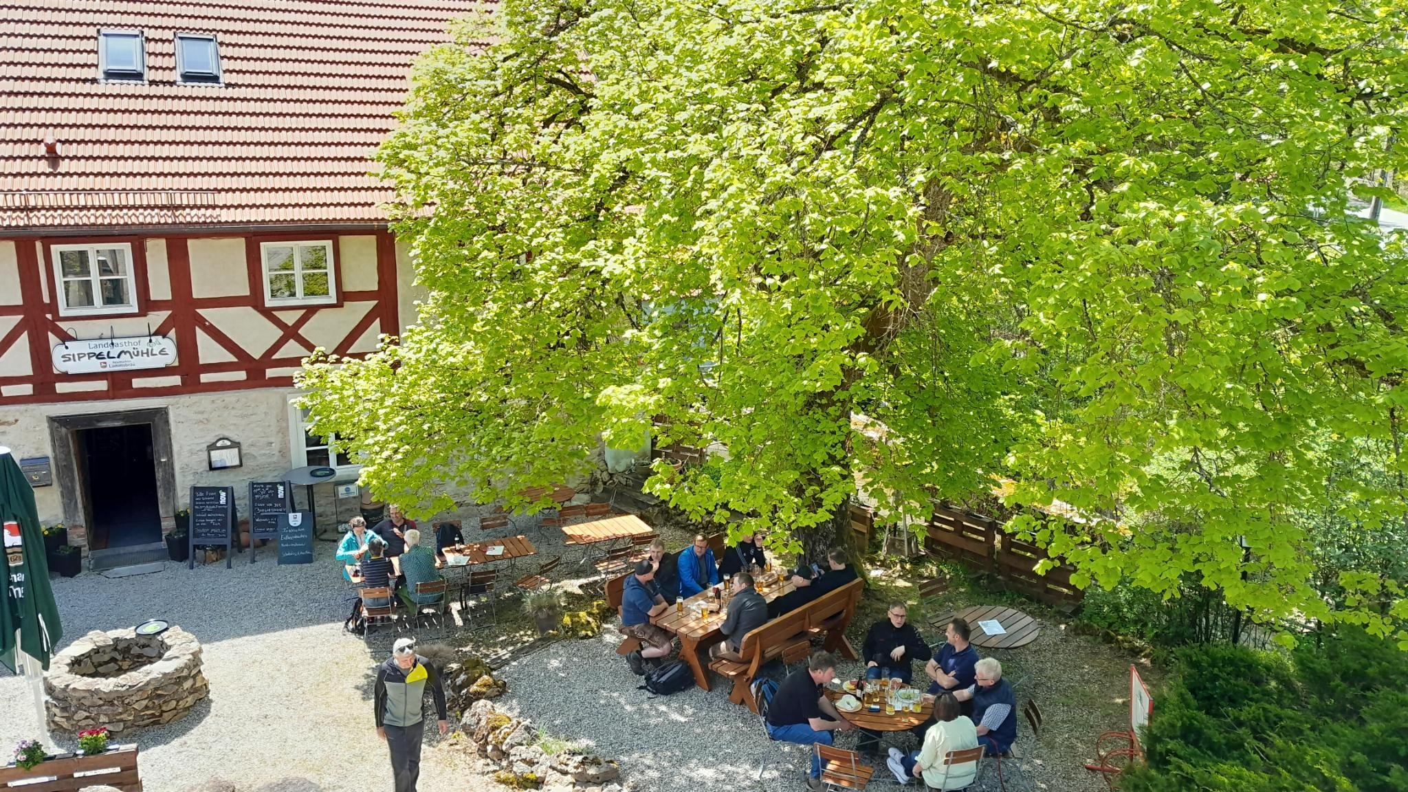 Biergarten mit vielen Menschen unter Linde