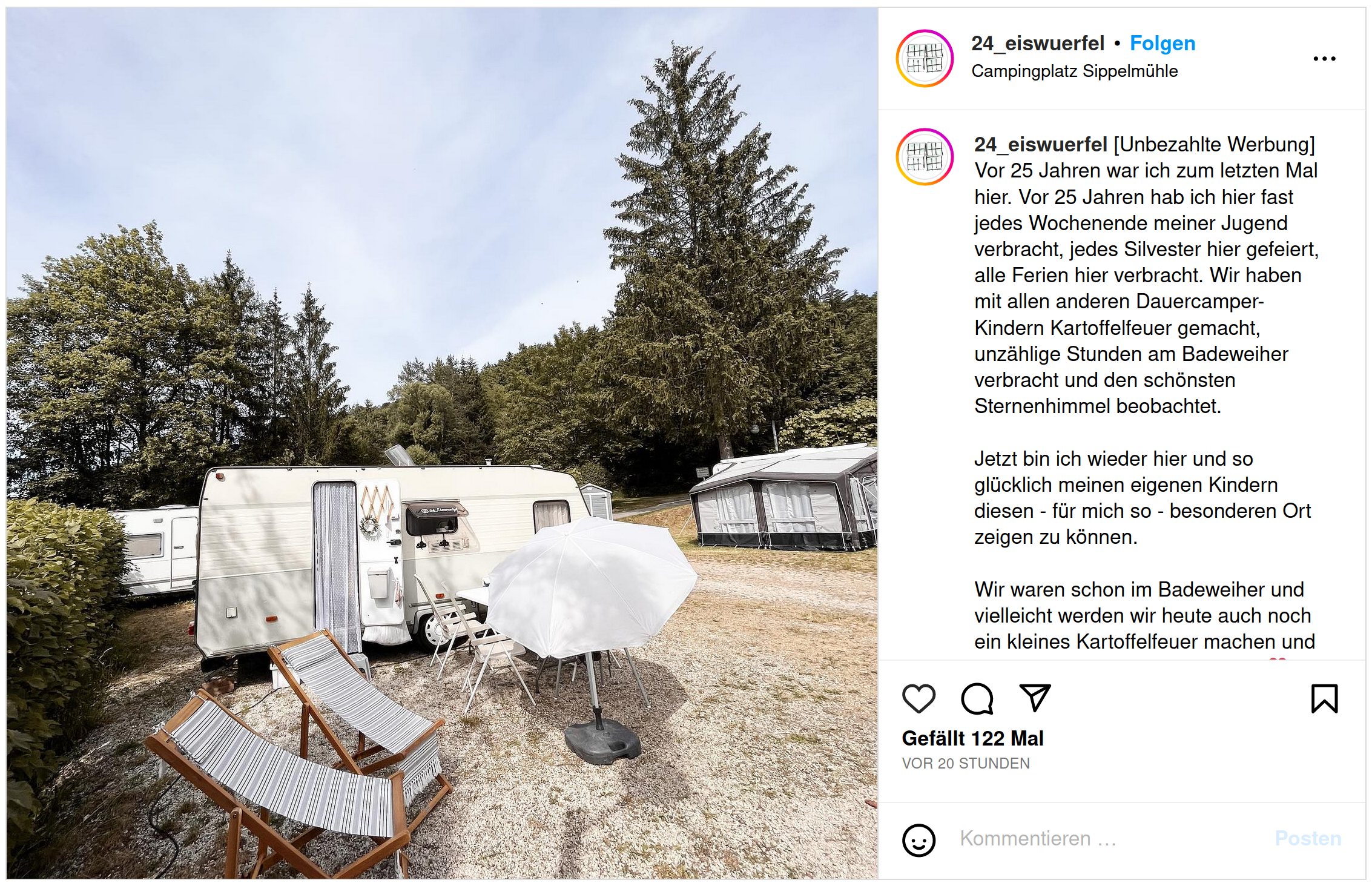 Bewertung Instagram Wohnwagen mit Liegestühlen und Sonnenschirm