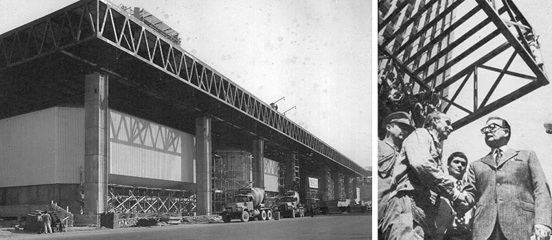 2. UNCTAD III en construcción. Vista desde la Alameda. 3. Salvador Allende saludando a un obrero del UNCTAD III.