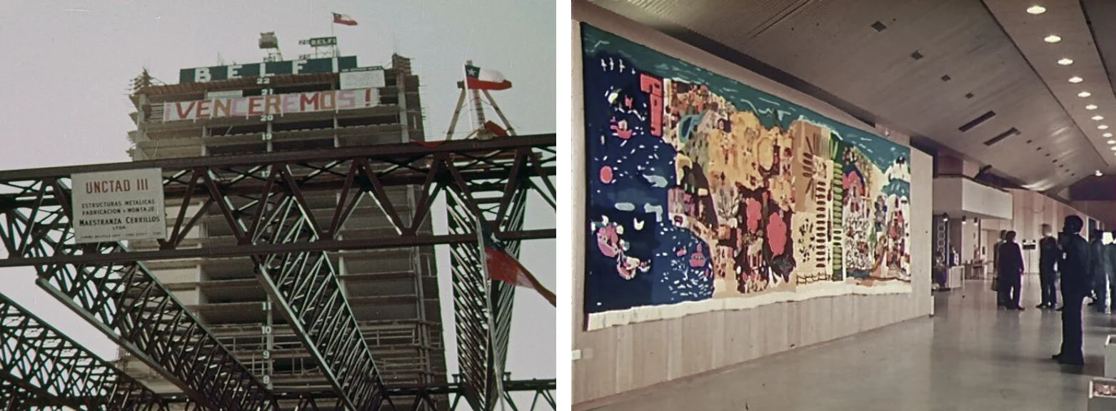 4. Construcción del UNCTAD III. El lienzo instalado por los trabajadores tiene escrita la consigna: “¡VENCEREMOS!”. 5. Arpillera “Isla Negra” instalada en el interior de UNCTAD III.