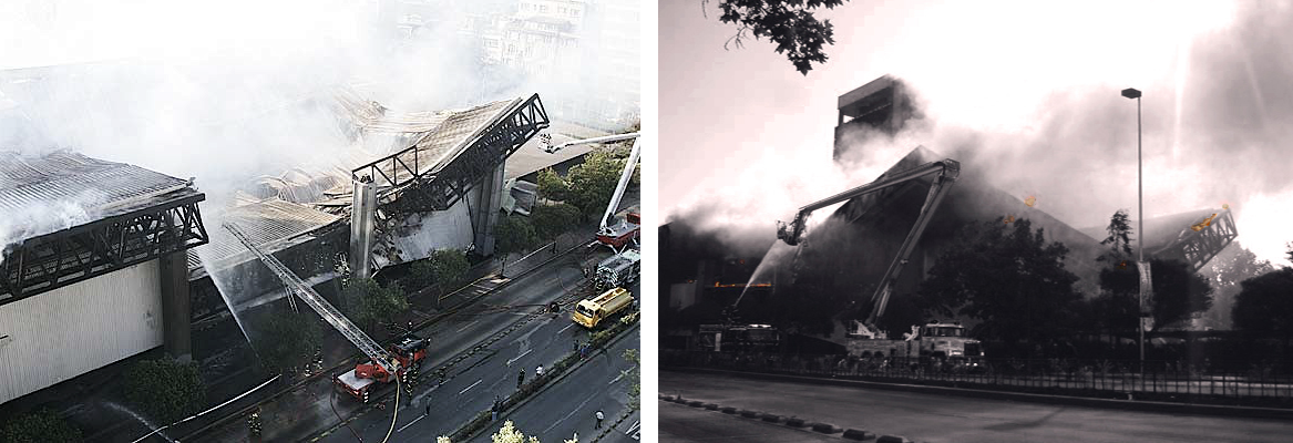 9 y 10. Incendio del Diego Portales. Colapso de la estructura metálica, su elemento visual más característico.