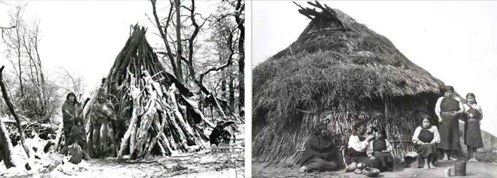 3. Familia Selknam frente a su refugio. 4. Familia Mapuche frente a su Ruka. 