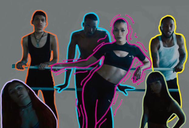 Above: Leiomy Maldonado (outlined in pink) and a group of dancers posing during the Nike 2018 Pride Month commercial.