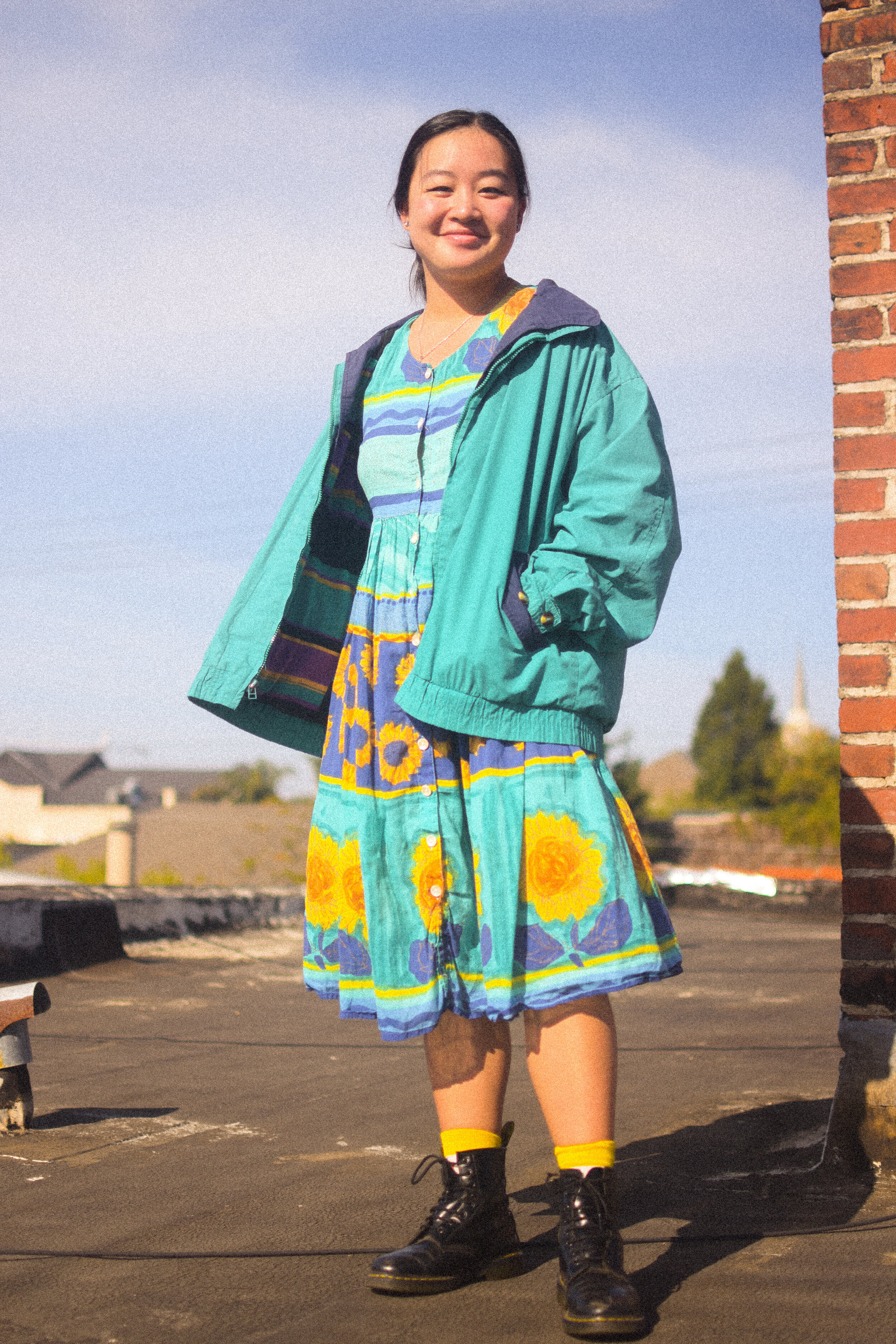  My Favorite Jacket in the World, and blue flower dress from Berkeley Goodwill  