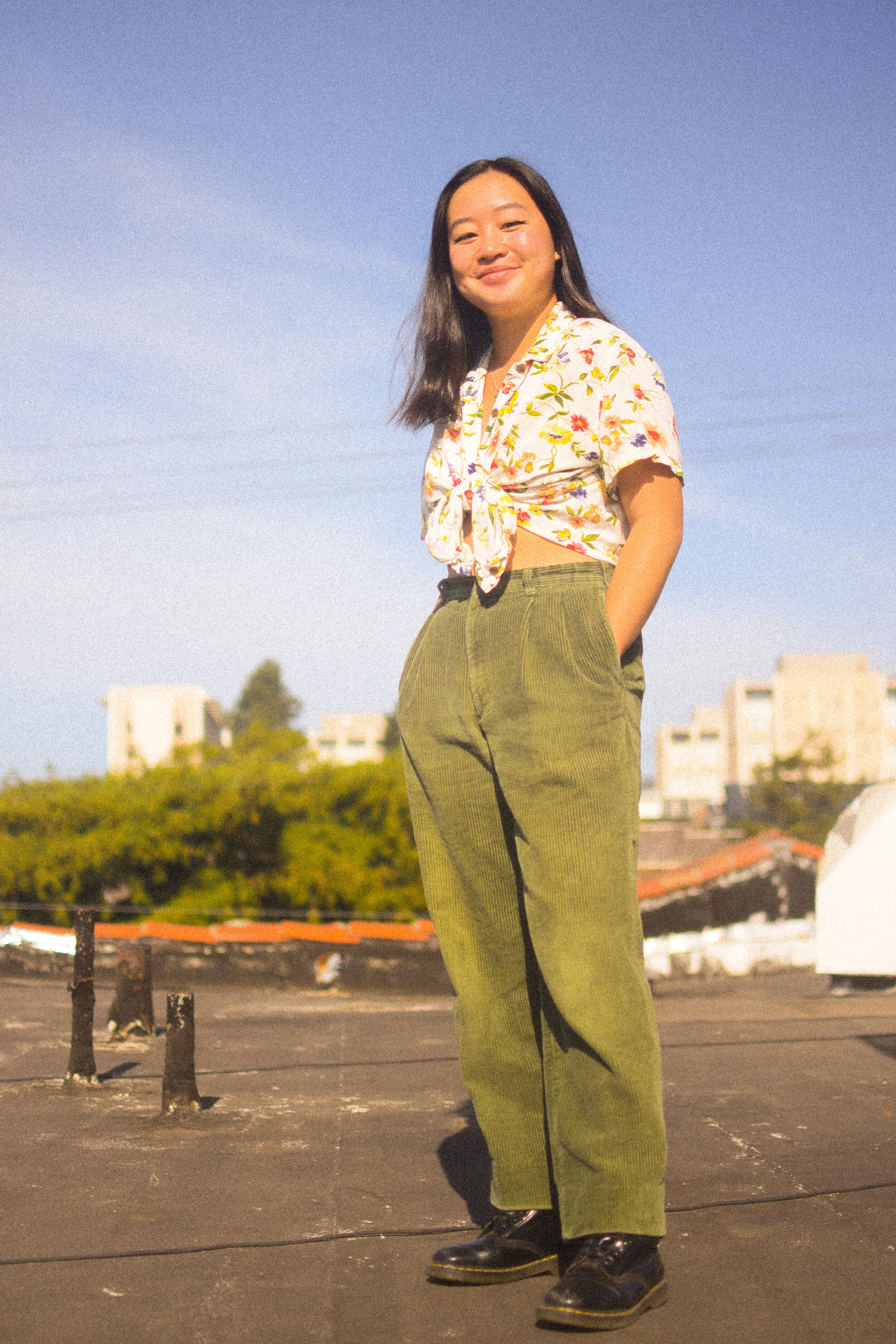  Floral button-up and corduroy pants from Alameda Goodwill 