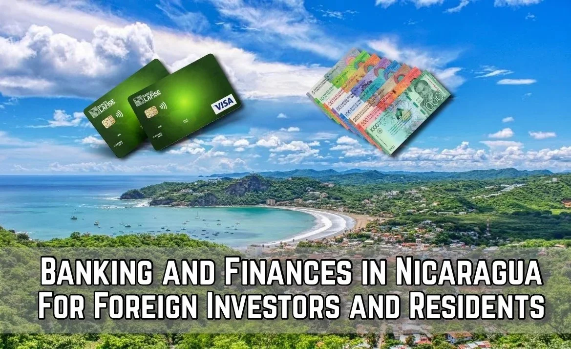 Nicaraguan cordobas currency and Lafise bank cards and San Juan del sur bay