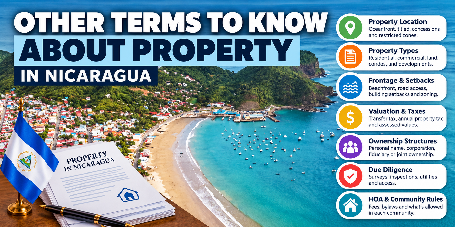 `Other real estate terms to know when buying property in Nicaragua, including ownership, property types, taxes, due diligence and HOA rules`
