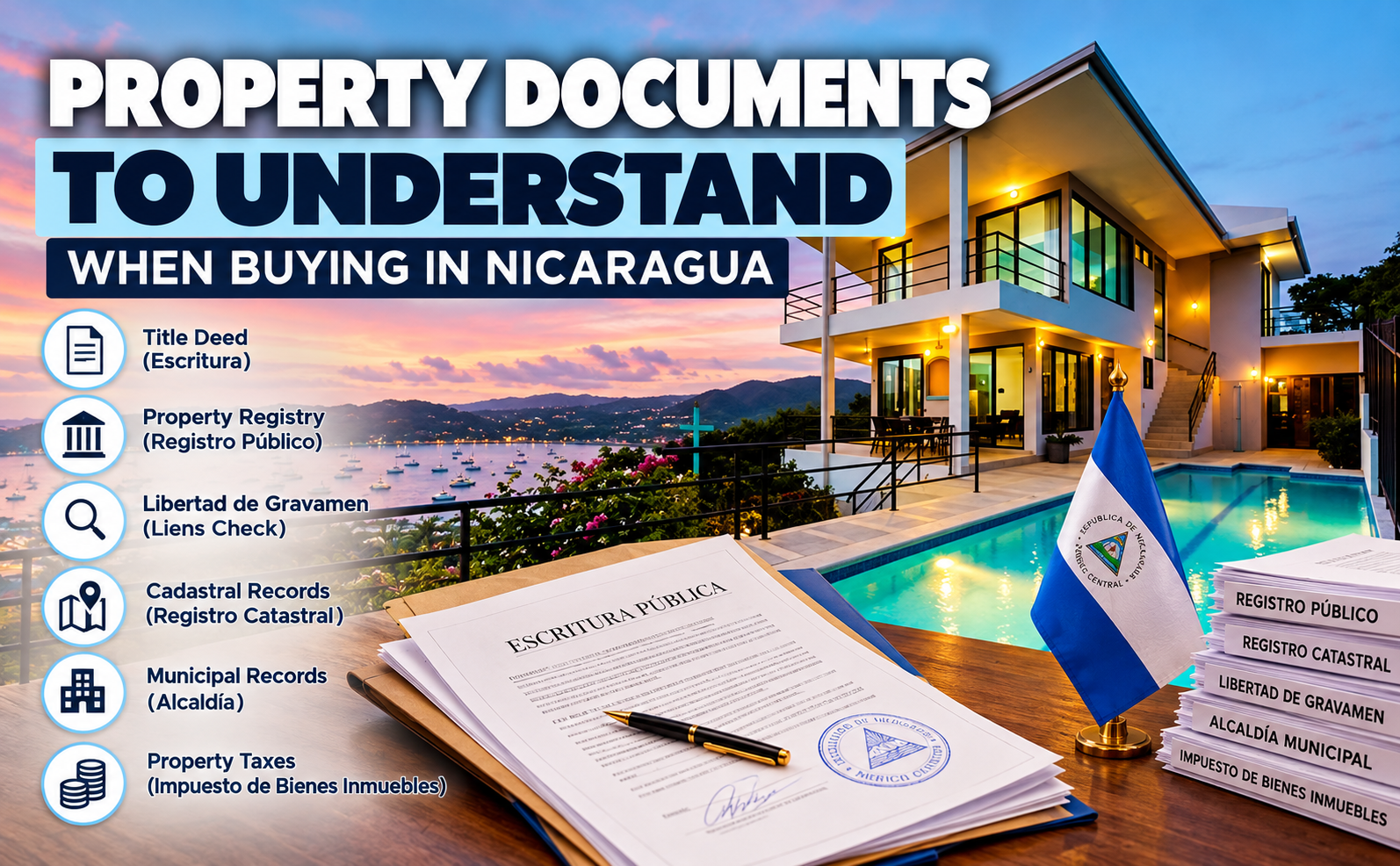 Property documents to understand when buying real estate in Nicaragua, including title deed, property registry, lien check, cadastral records and property taxes