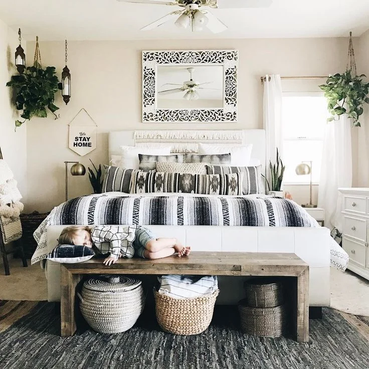 Navajo Boho. Timber Bench, Baskets, macrame + cushions... score these on tour with us !