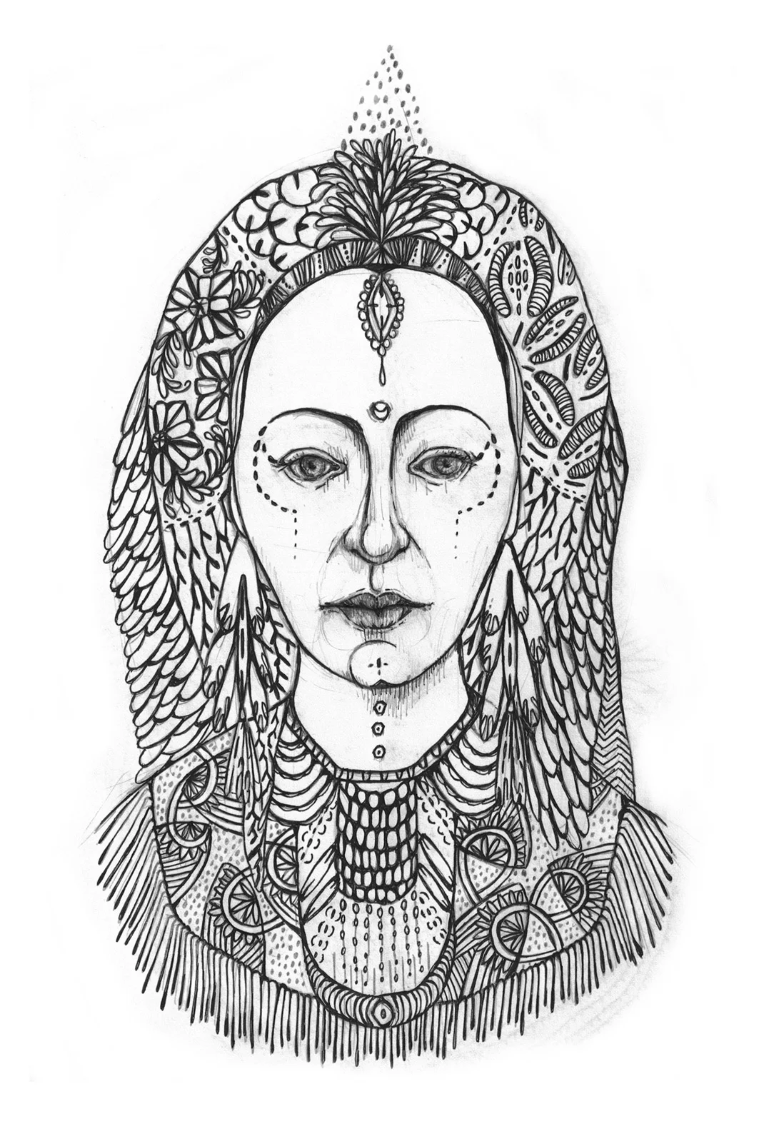 What I particularly like in this portrait of the Plumed Sorceress is the tree dotted tattoo on her neck. I imagine that it gives her the power of healing words.