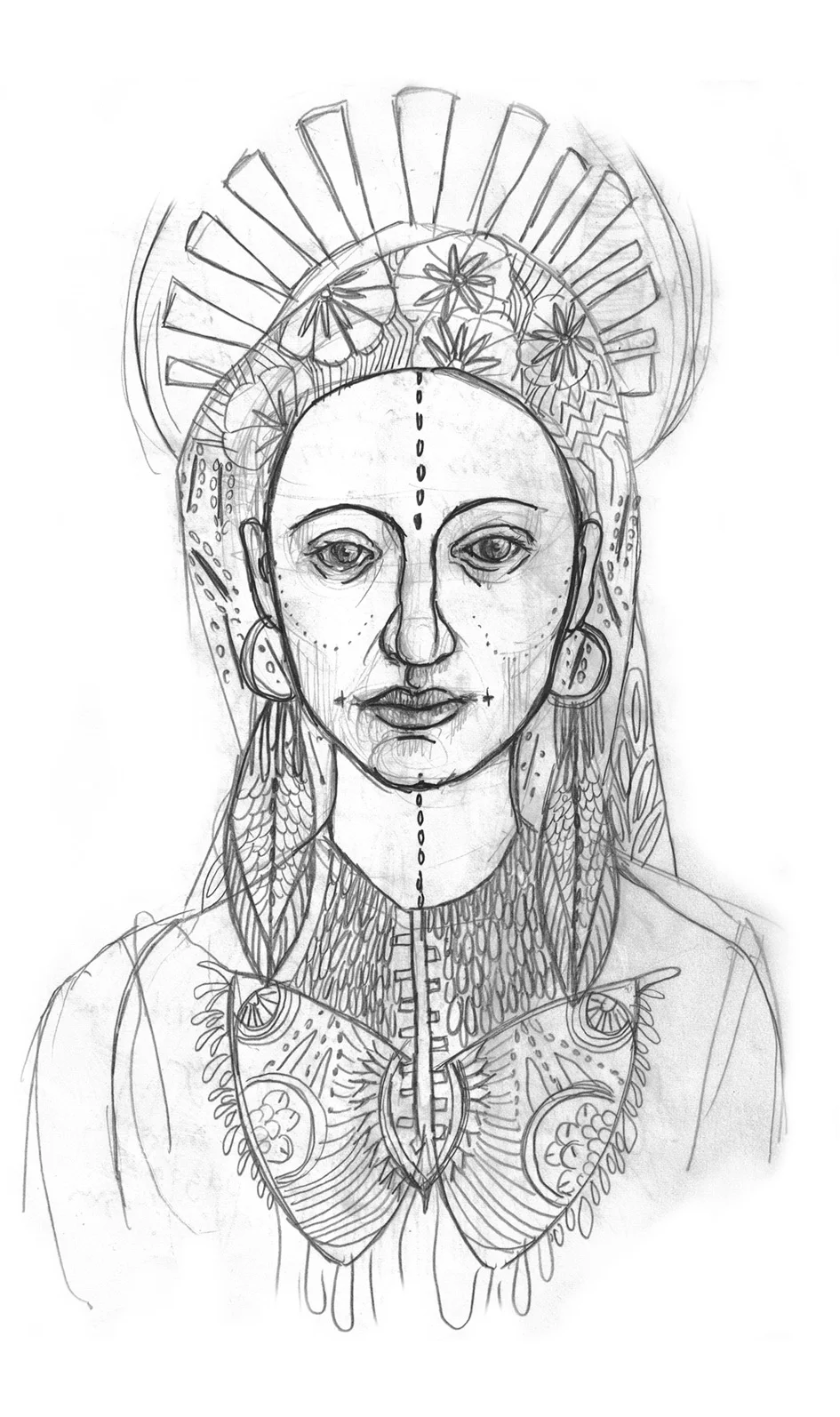 This SHAKTI POWER project started with this pencil sketch. I love it because it looks very fresh and spontaneous. The tattoos, piercings, exuberant jewelry and prints are perfect adornments for a goddess. And a butterfly…
