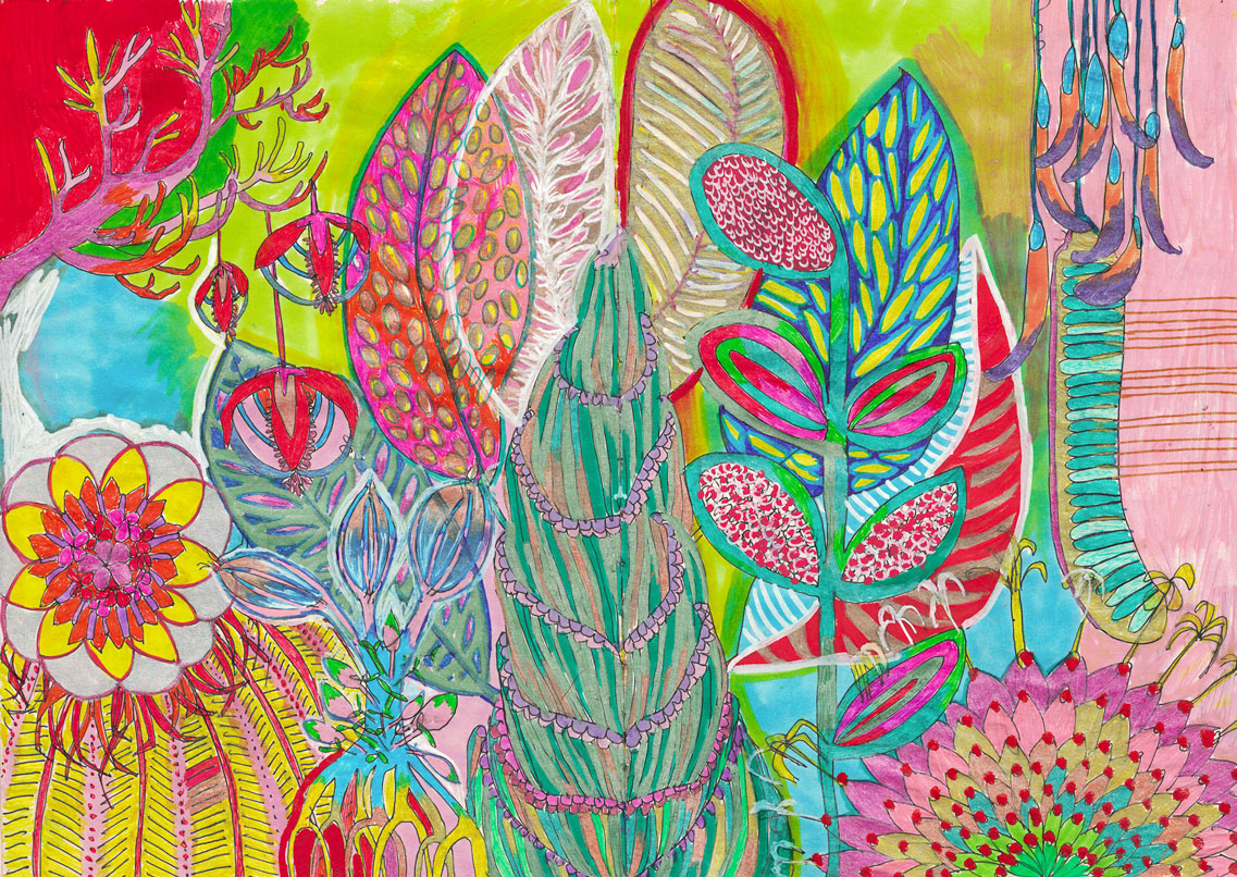 This landscape drawing is from my first sketchbook. I had just bought a box of gel pens, so I had to try all of them on this spread.
