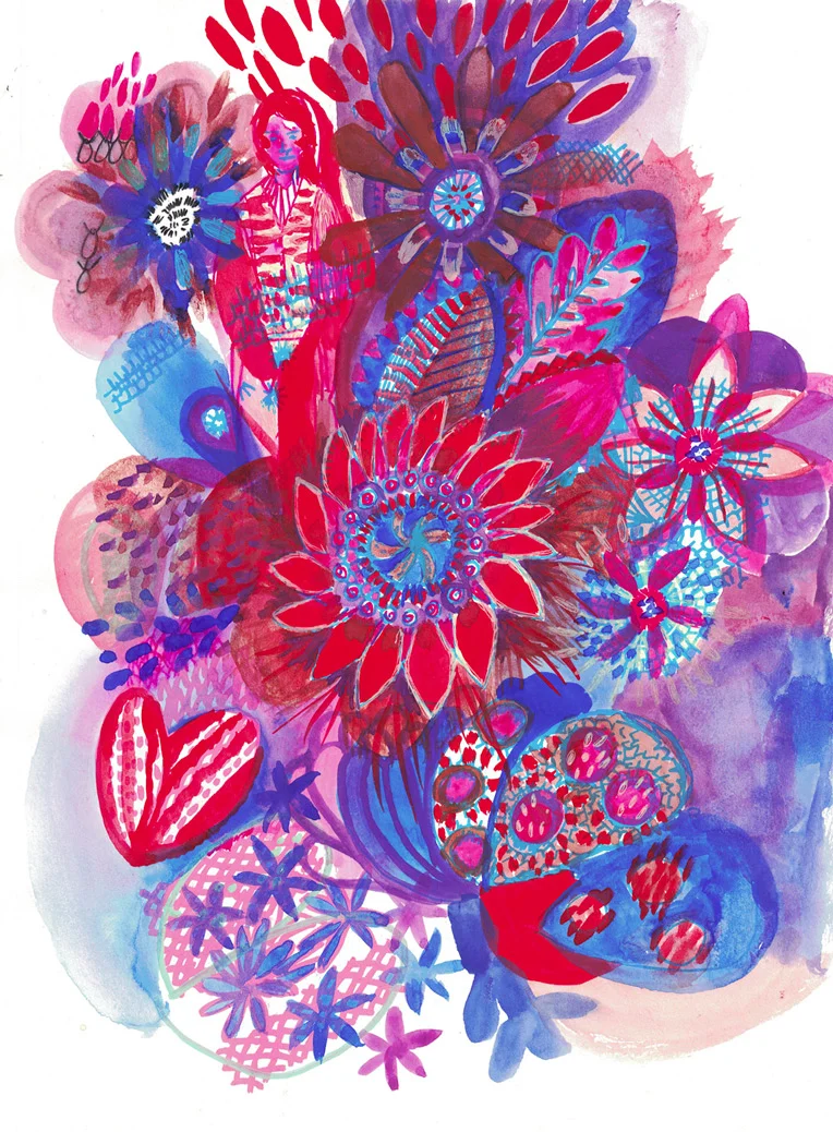 I painted this watercolor on top of a few sketches of embroidery stitches made with blue pen. I enjoyed the result so much, that it inspired me to create more flowers with textile details.