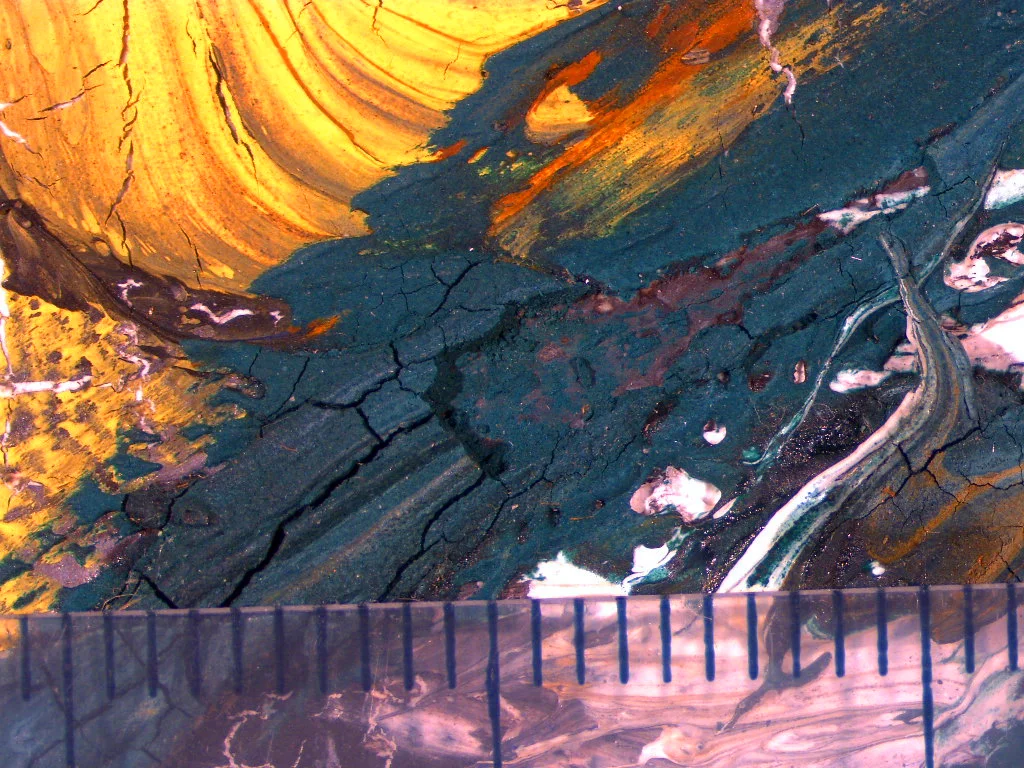 Detail craquelé en verfverlies. La rose feroce , Asger Jorn, 1961, in collectie Gemeentemuseum, 0333653 