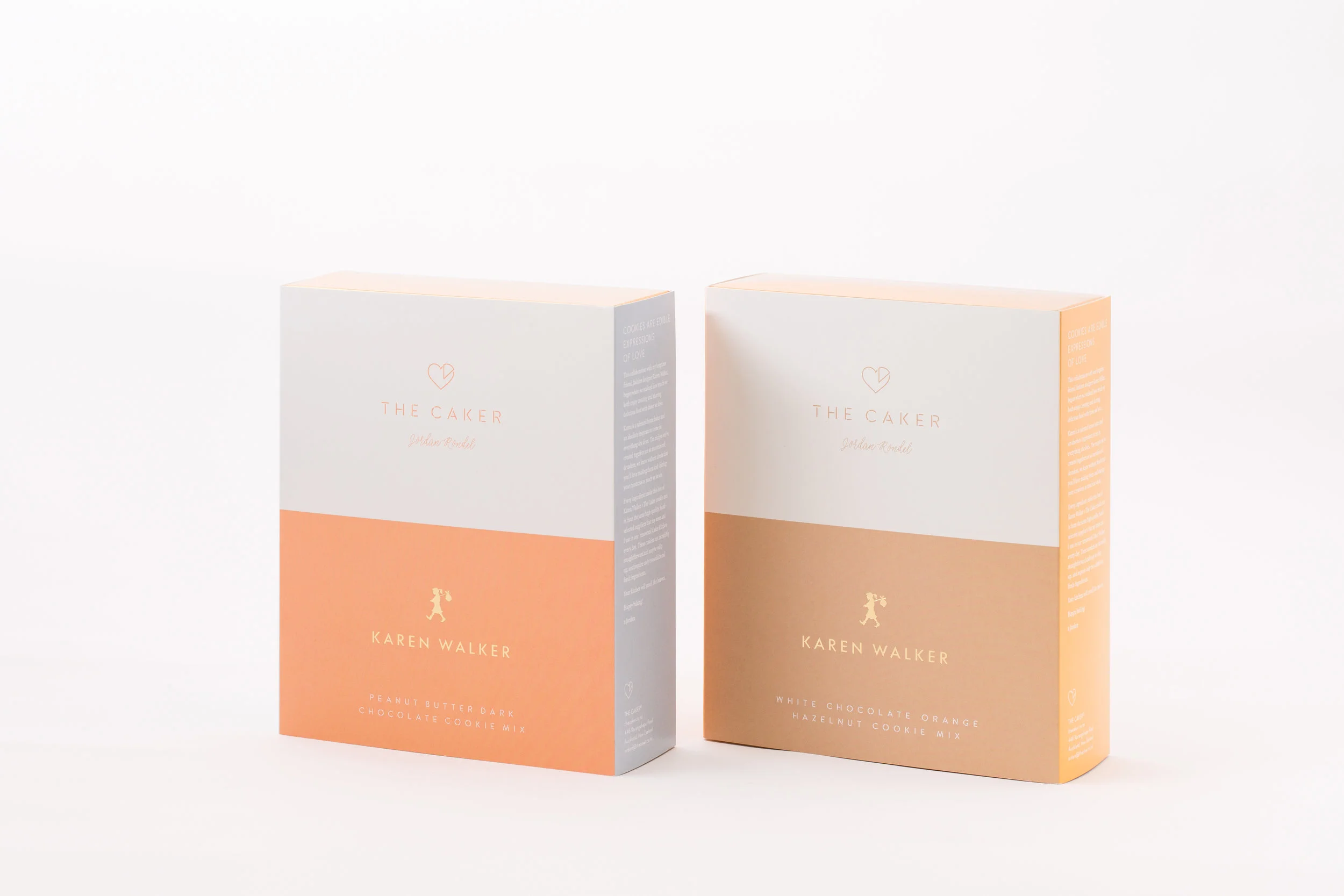 L-R: The Caker x Karen Walker Peanut Butter and Dark Chocolate Cookie Mix, The Caker x Karen Walker White Chocolate Hazelnut Orange Cookie Mix