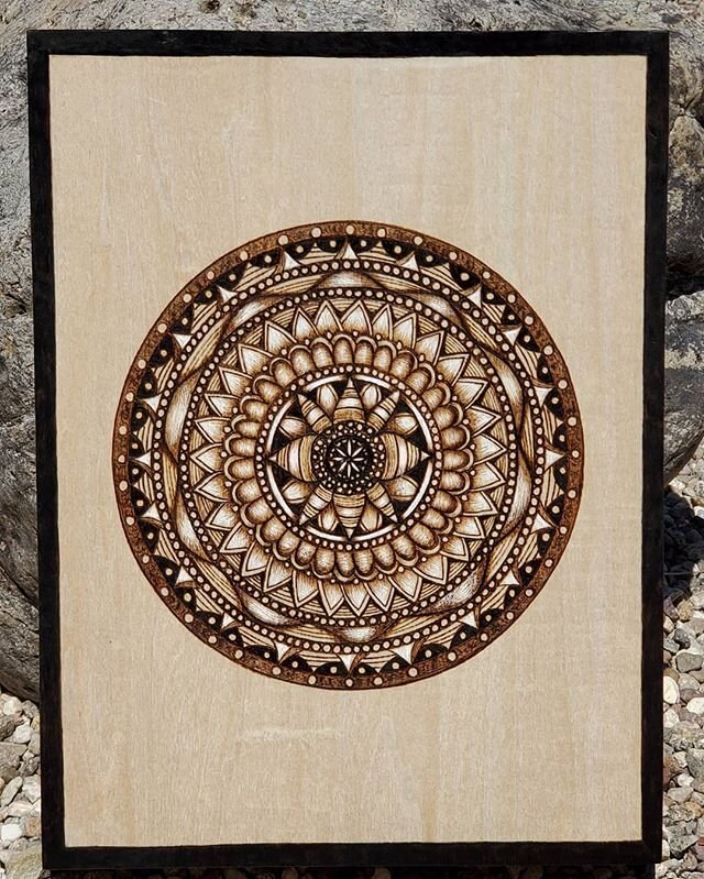 Finally finished!  This one took a while, lots of starting and stopping.  9x12 cradled panel #woodburned #mandala  #mandalaart #pyroart #artistsofetsy #artforsale #burnedbyhand #woodburnedart #pyrography