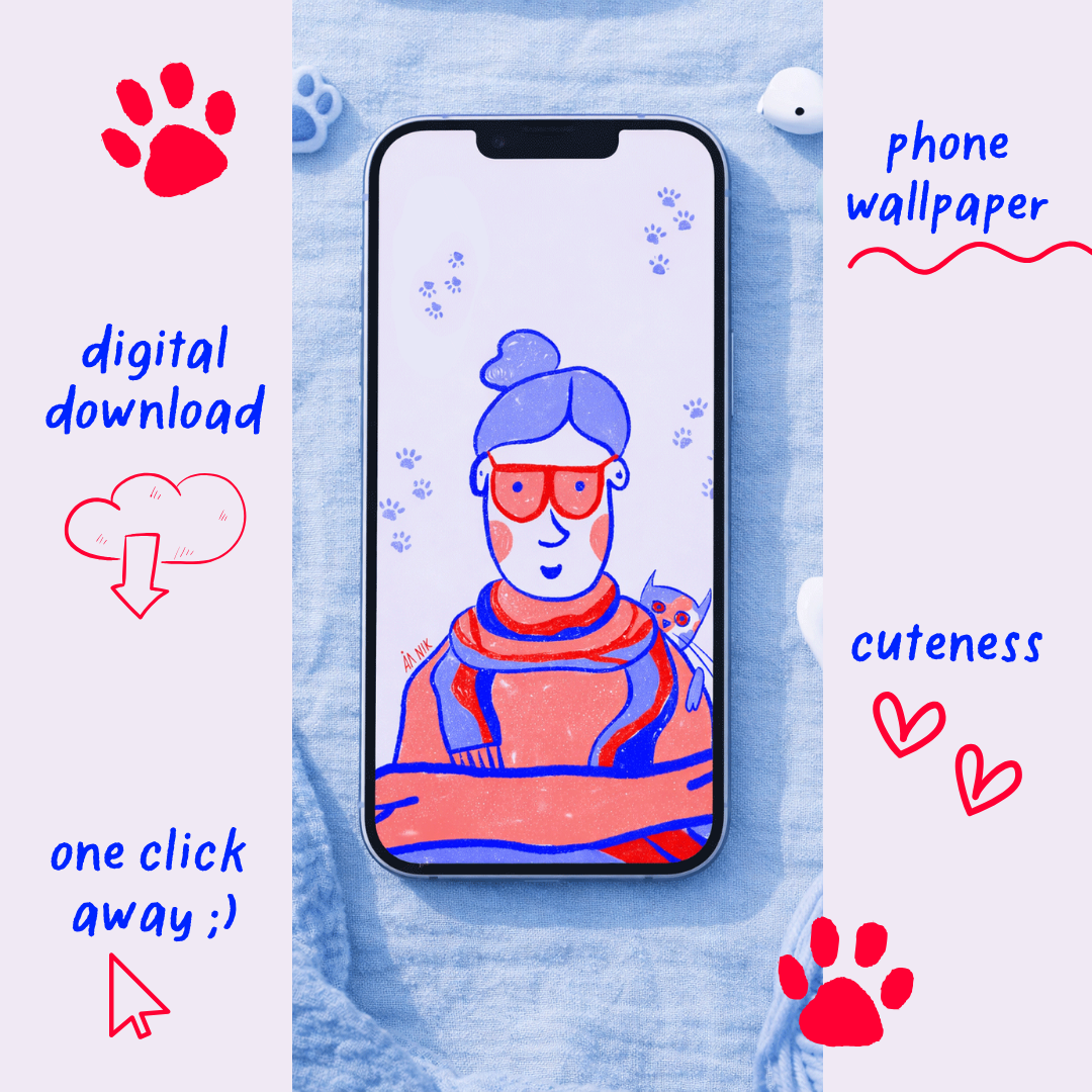 Cute Cat Person Hand-drawn iPhone Wallpaper – Digital Download