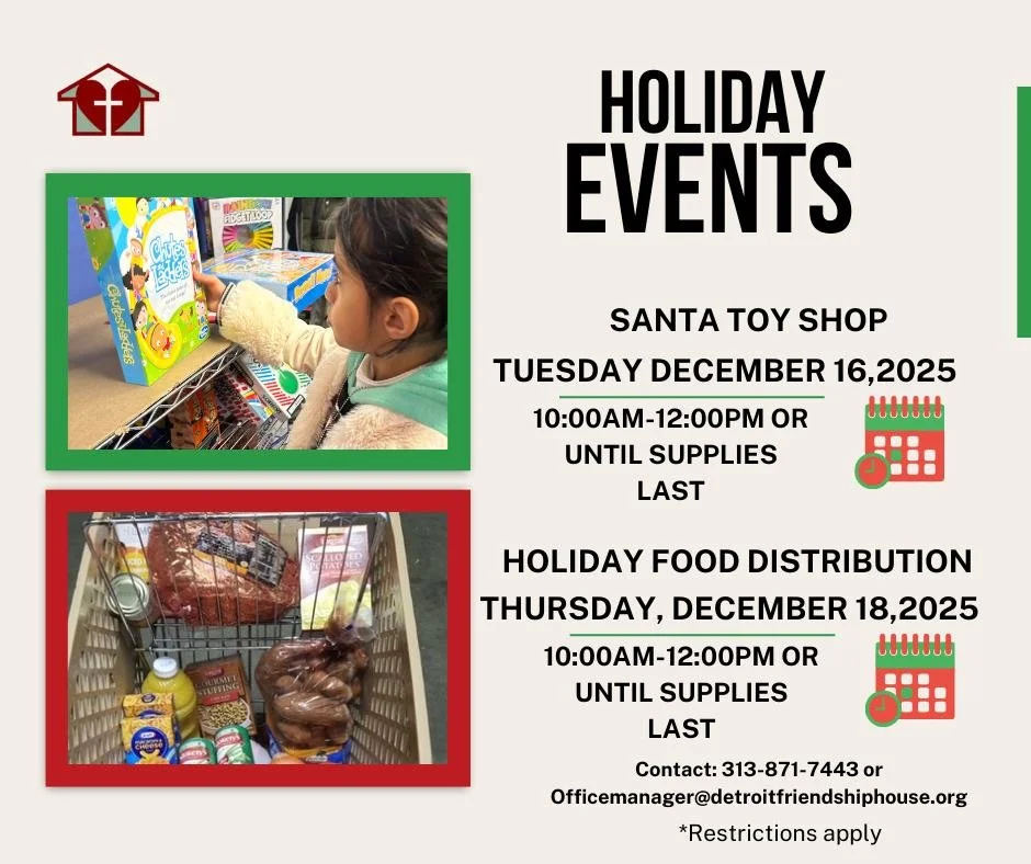 It's that time of year when we celebrate with our community!

Santa Toy shop 
Tuesday December 16th from 10AM-12noon or until supplies last. 

Holiday Food distribution 
Thursday December 18th from 10AM-12noon or until supplies last

To participate i
