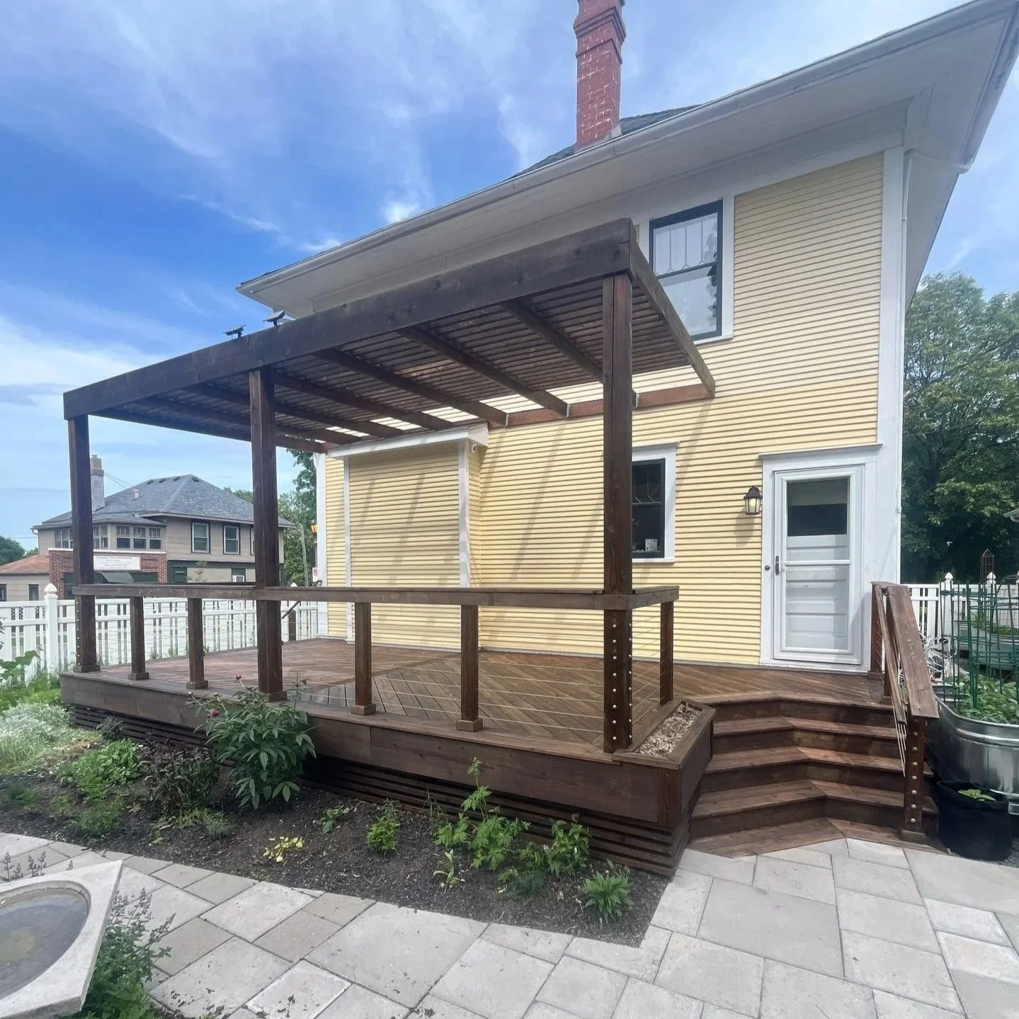 Backyard pergola wood restoration