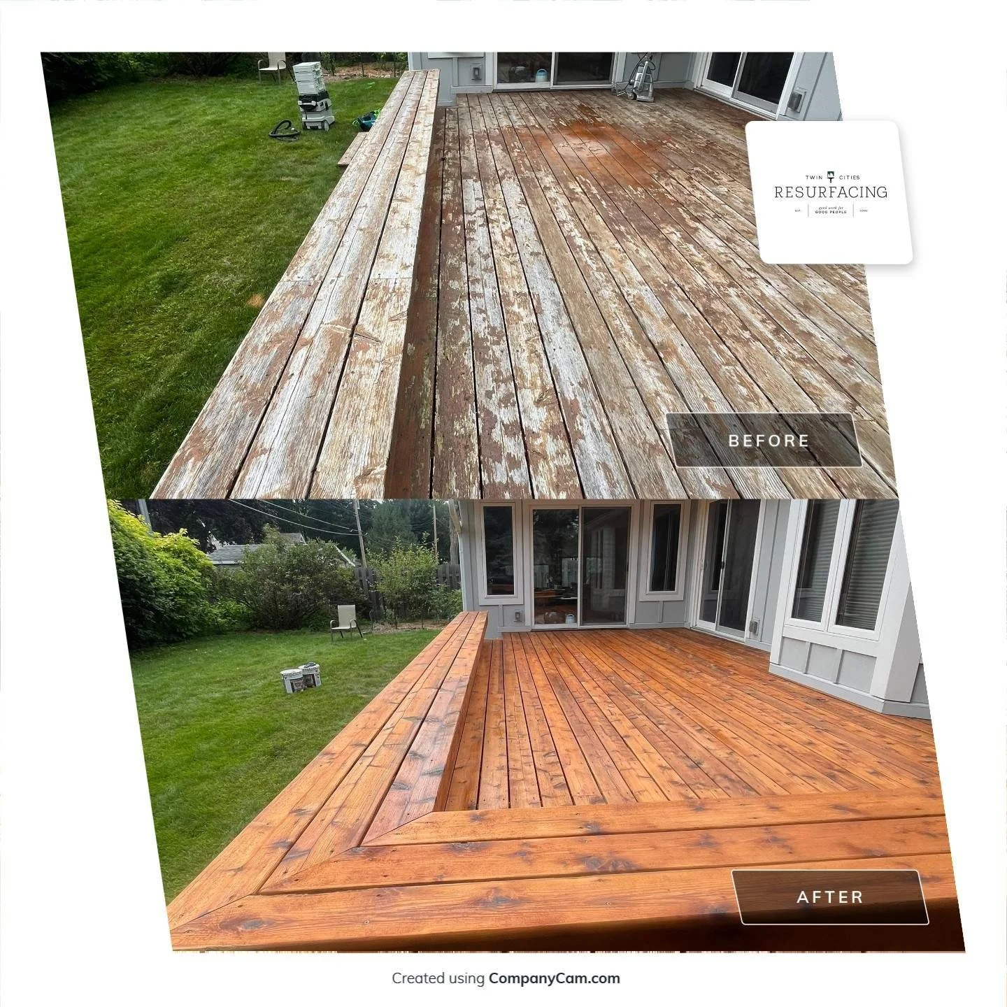 Before and after deck refinishing by Twin Cities Resurfacing specialists