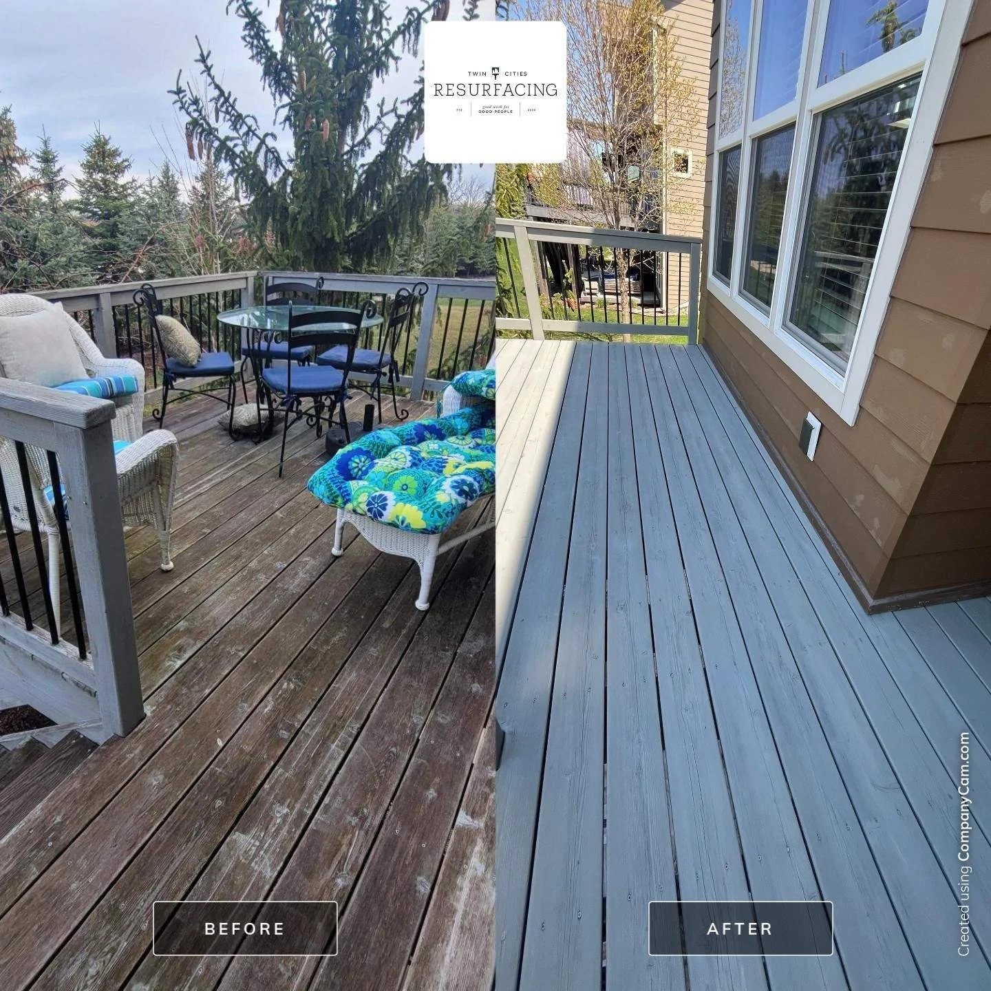 Before and after deck refinishing by Twin Cities Resurfacing specialists