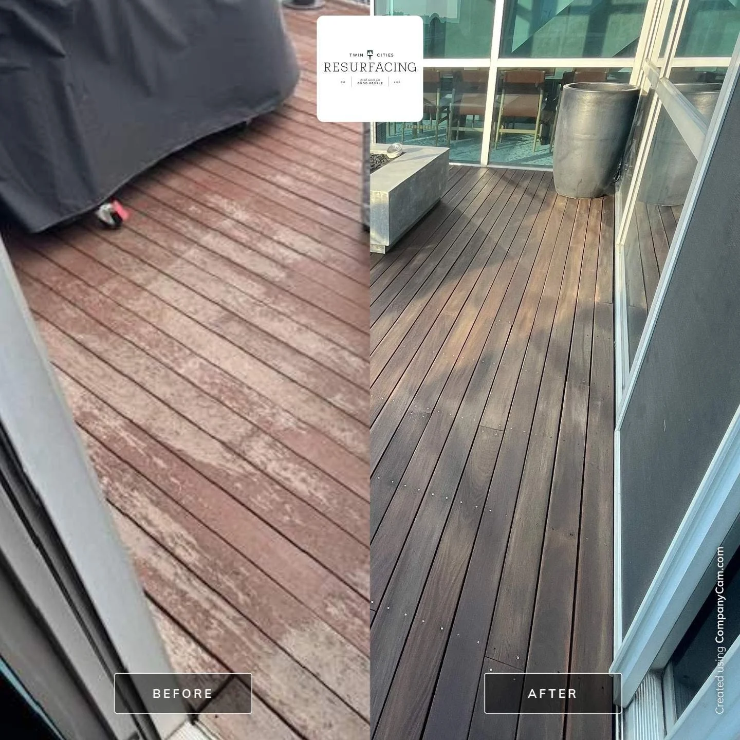 Before and after deck refinishing by Twin Cities Resurfacing specialists