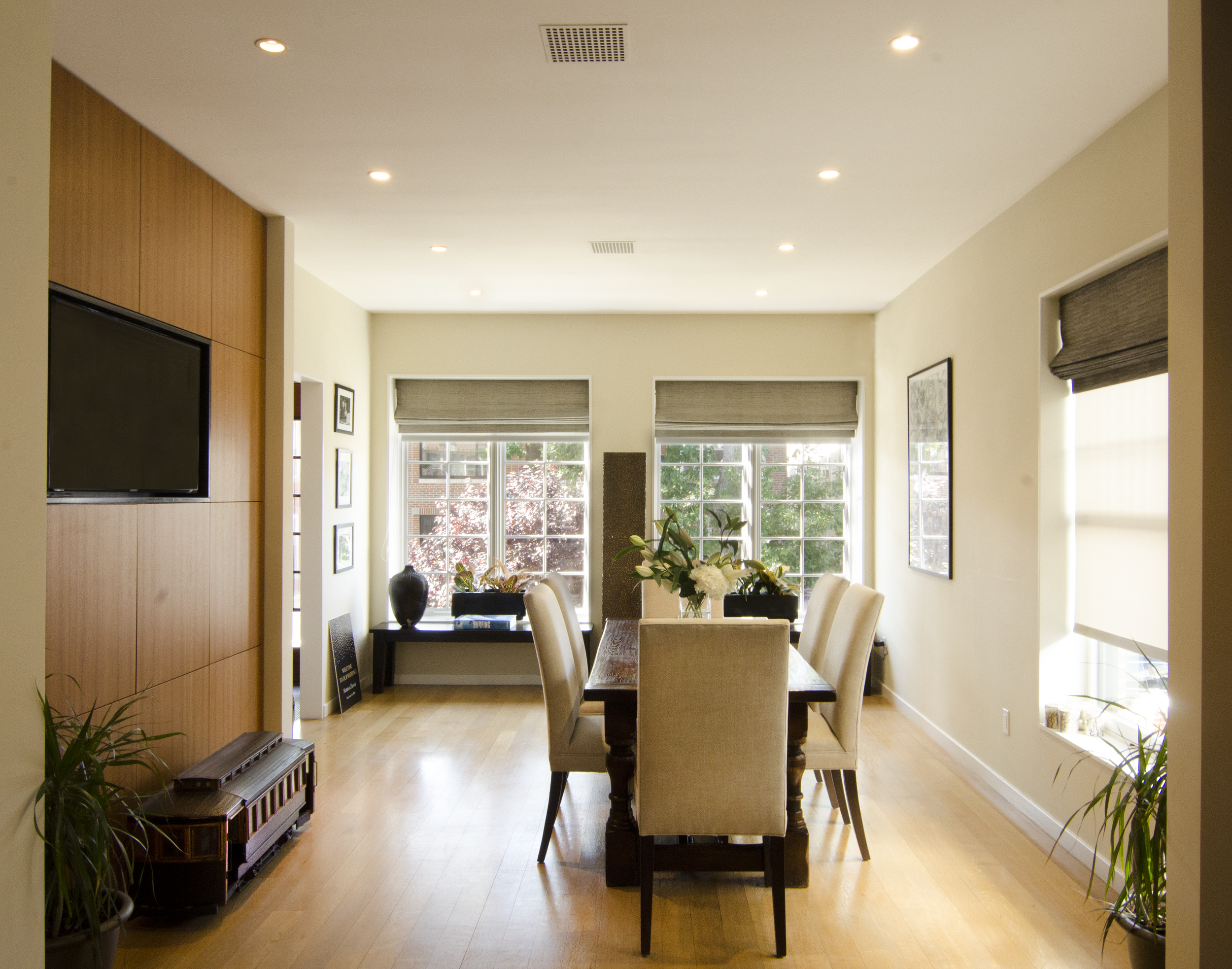 Dining Room: Quarter sawn teak veneer builtin cabinetry and television set.