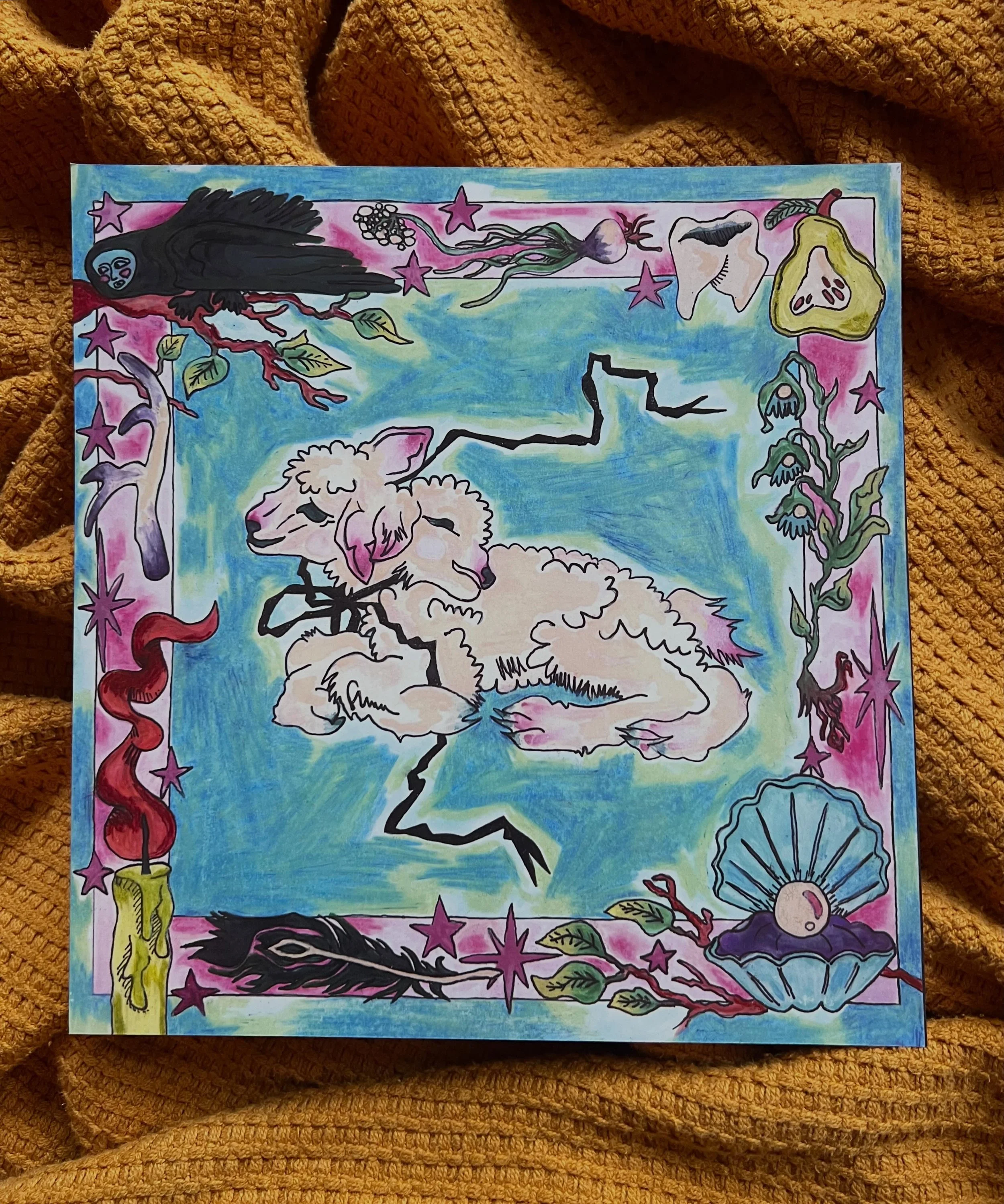 I posted the popular prints from the last market I did but this is my personal favorite print I have right now :) 🐑🧅 🕯️🦷 🐦&zwj;⬛🍐 🪶 ⚪️