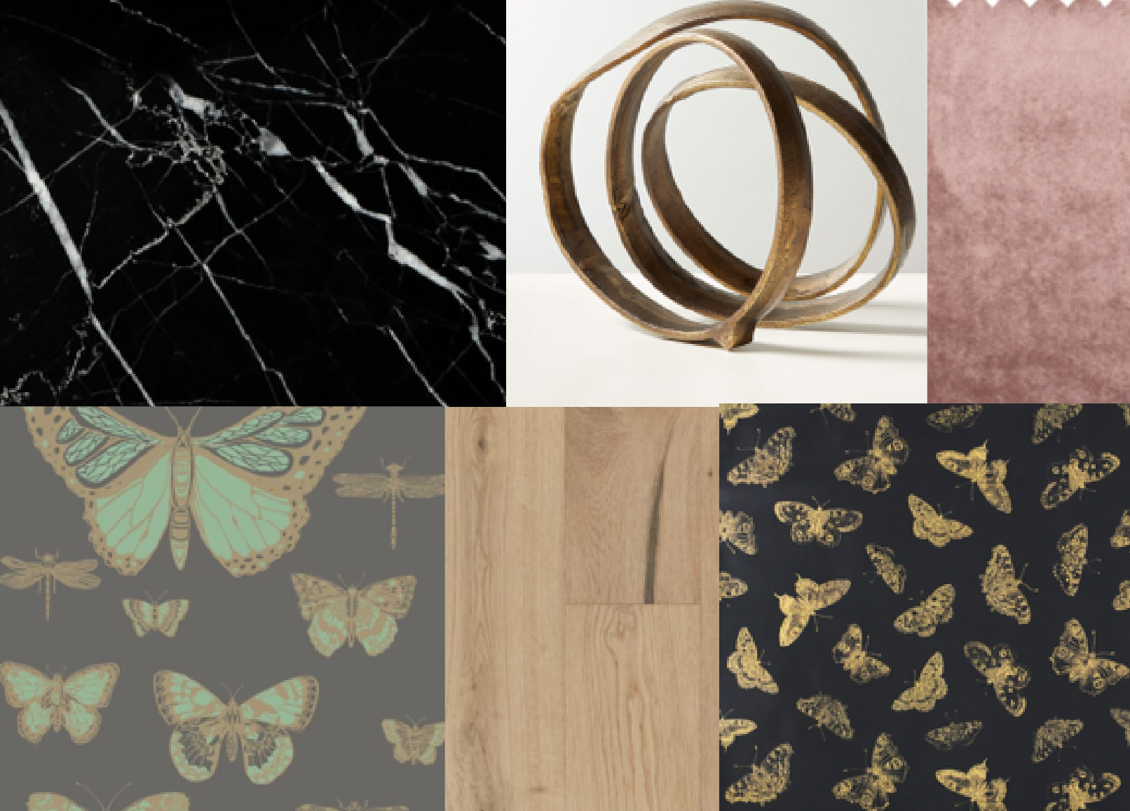 Collage of various textures and patterns: black marble with white veins, a set of three intertwined bronze rings, pink textured fabric, a butterfly pattern on a gray background, a light wood surface, and a black background with gold butterflies.