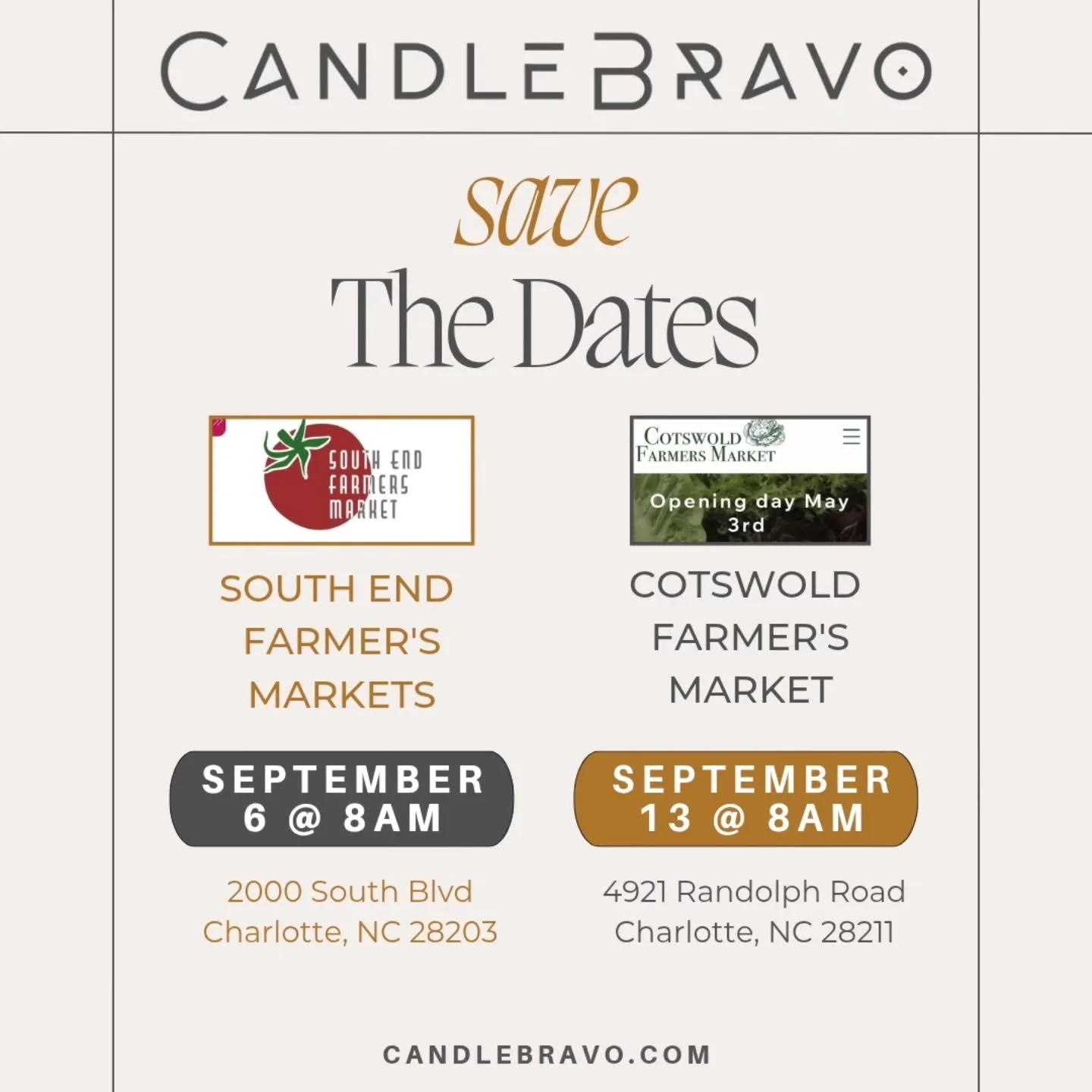 SAVE the DATES! Come visit us LIVE and pick up your favorite candles at South End Farmer's Market on 9/6 and Cotswold Farmer's Market on 9/13. #candles #soycandles #supportsmallbusiness #shopsmall #shoplocal #charlottesgotalot  @southendmarketclt @co