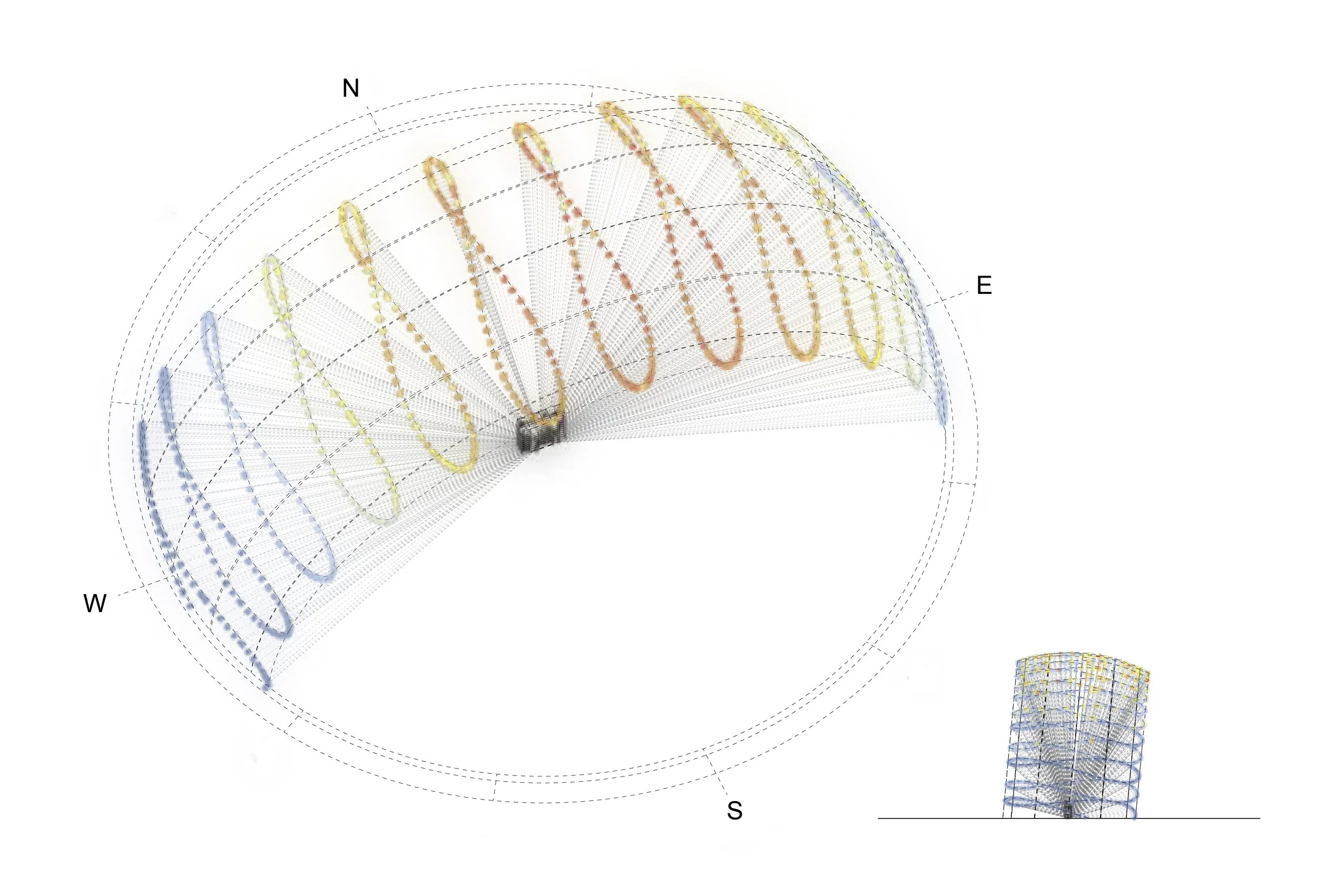 The sun-path in Abidjan tilts only slightly to the south, causing most of the suns radiation to be blocked by the roof and protruding floor-plates. Deep set facades need not screen heavily to avoid the sun. Study conducted with ladybug climate analysis for grasshopper.