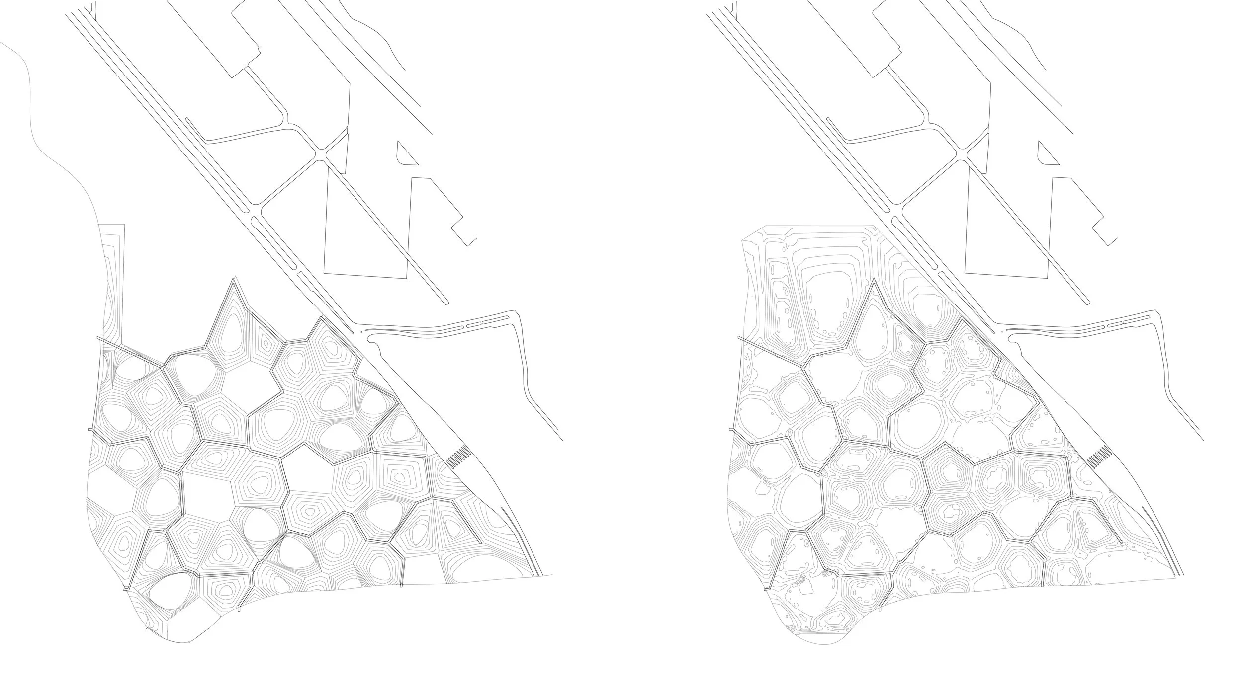 The landscape, consisting of ponds that host fish hatcheries as well as absorb storm water, was modeled parametrically in a voronoi pattern and then allowed to deform. Topographic points from regional geographic data provided the frame from which to model points at natural low points and cleared areas for buildings at natural high points. The organic shape of the ponds preserves the pristine nature of the site as well as controls wave attenuation.