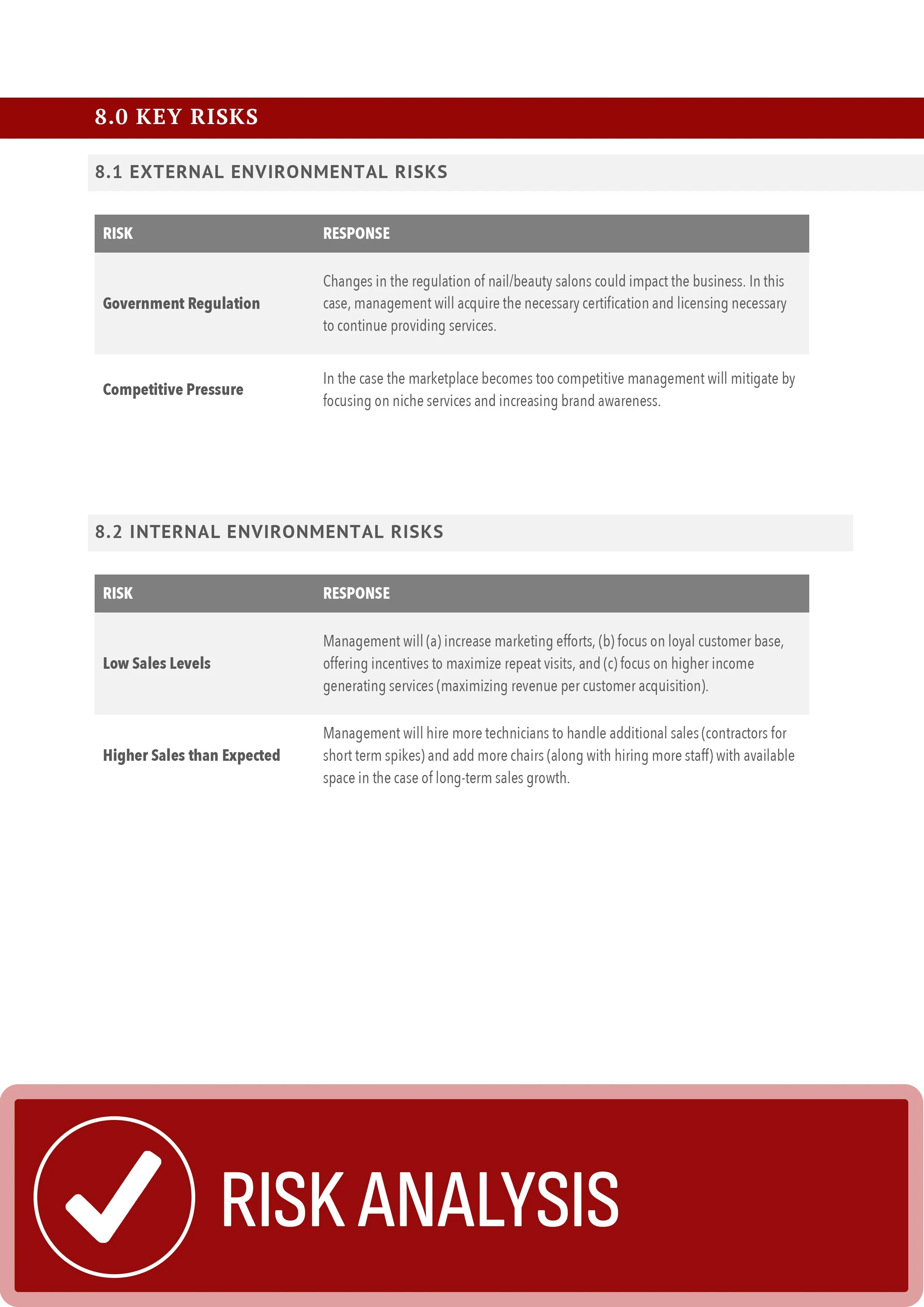 Example that shows the risk analysis we perform for each salon business plan.