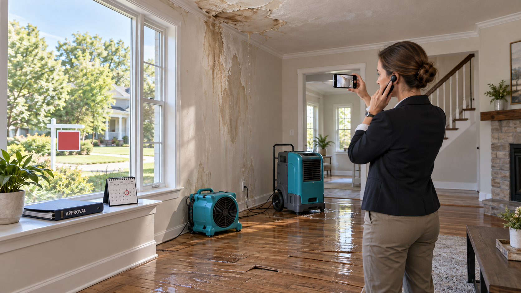 Agent photographs water damage in a listed home's living room beside drying equipment, an approval folder and a calendar.