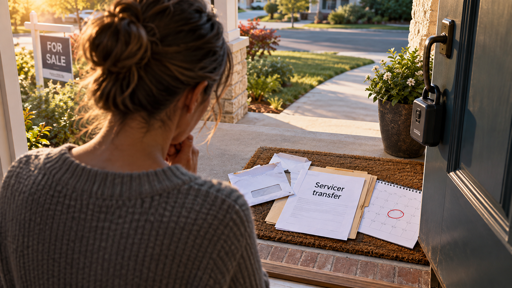 Homeowner at a listed home's front door reviewing a mortgage servicer transfer notice beside a circled short sale deadline.