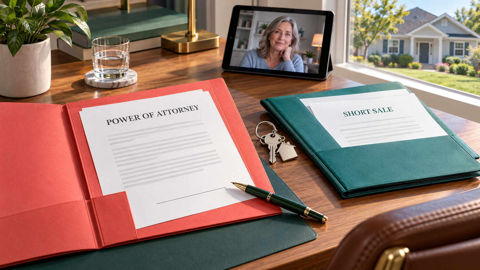 Power of attorney document with an unsigned line and pen beside a short sale folder and house keys, with the homeowner visible on a tablet.