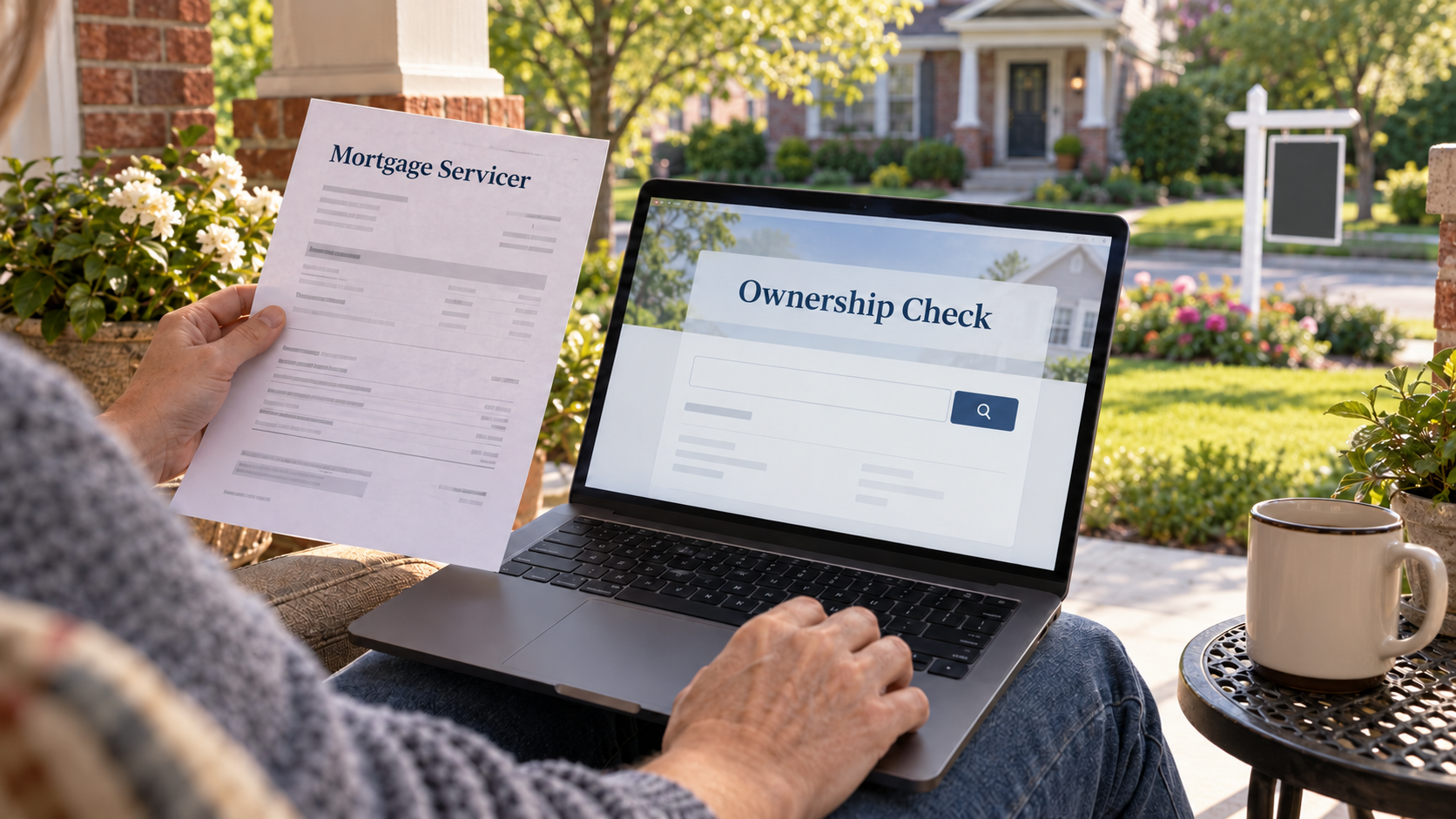 Homeowner on a front porch compares a mortgage servicer statement with an ownership check screen before a short sale.