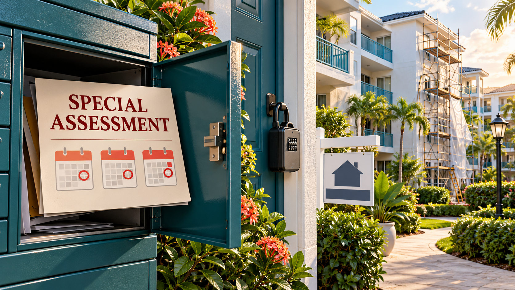 Special assessment notice with installment calendars beside a sale lockbox at a condominium community undergoing exterior repairs.