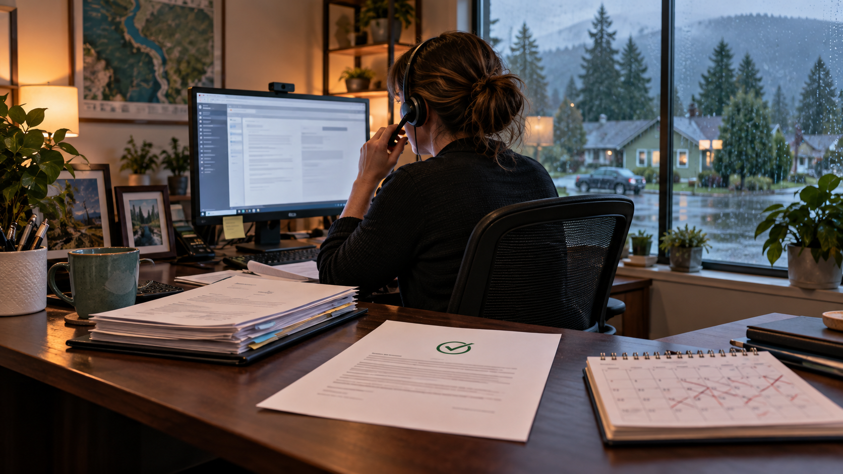 A short sale coordinator follows up with a lender in a rainy Washington office, with updated documents and an approval letter nearby.