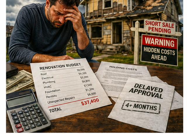 Illustration of a stressed real estate investor reviewing a renovation budget at a distressed house with warning signs and delayed approval paperwork