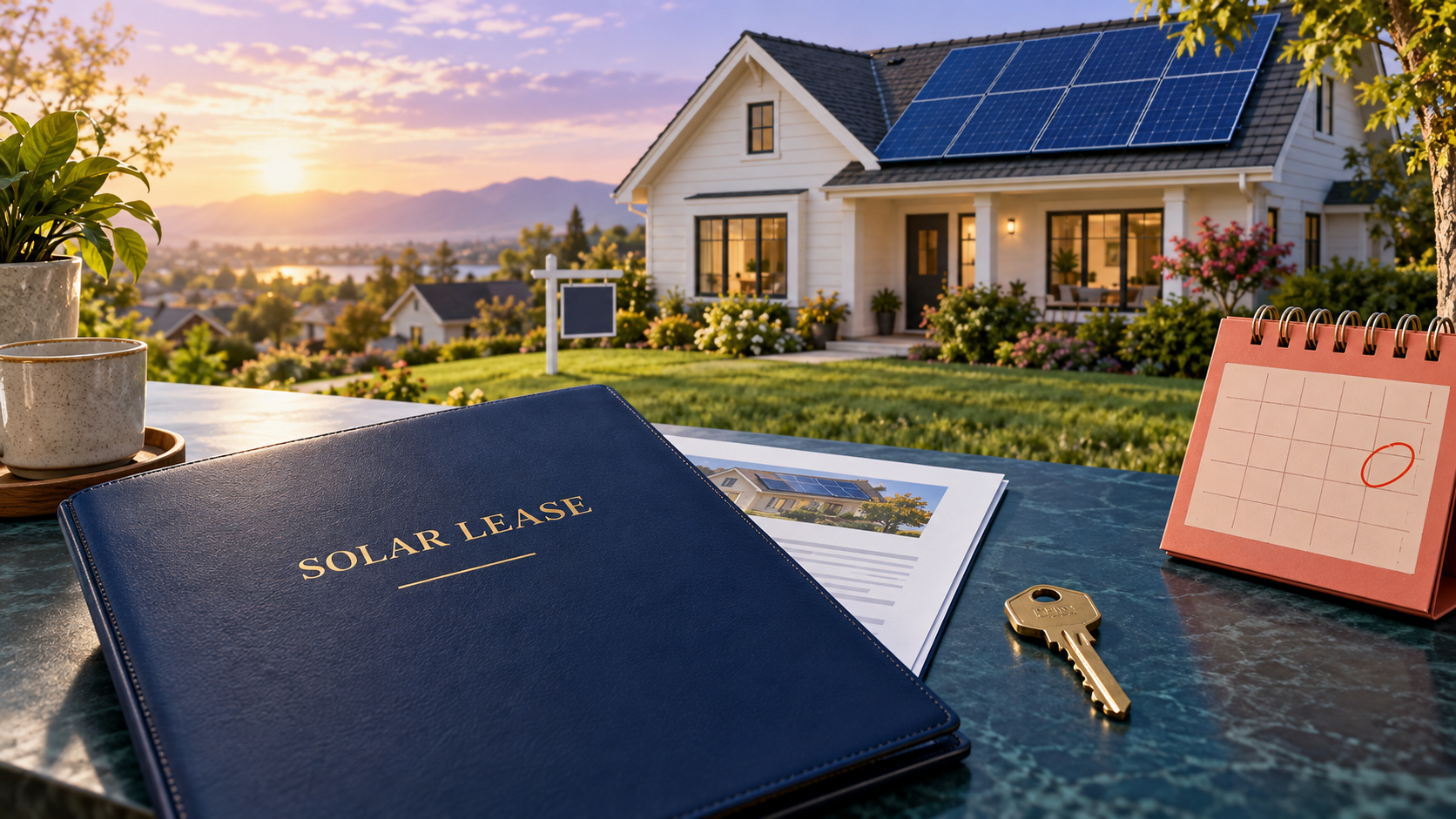 Home with rooftop solar panels behind a solar lease folder, house key and calendar marking a closing deadline.
