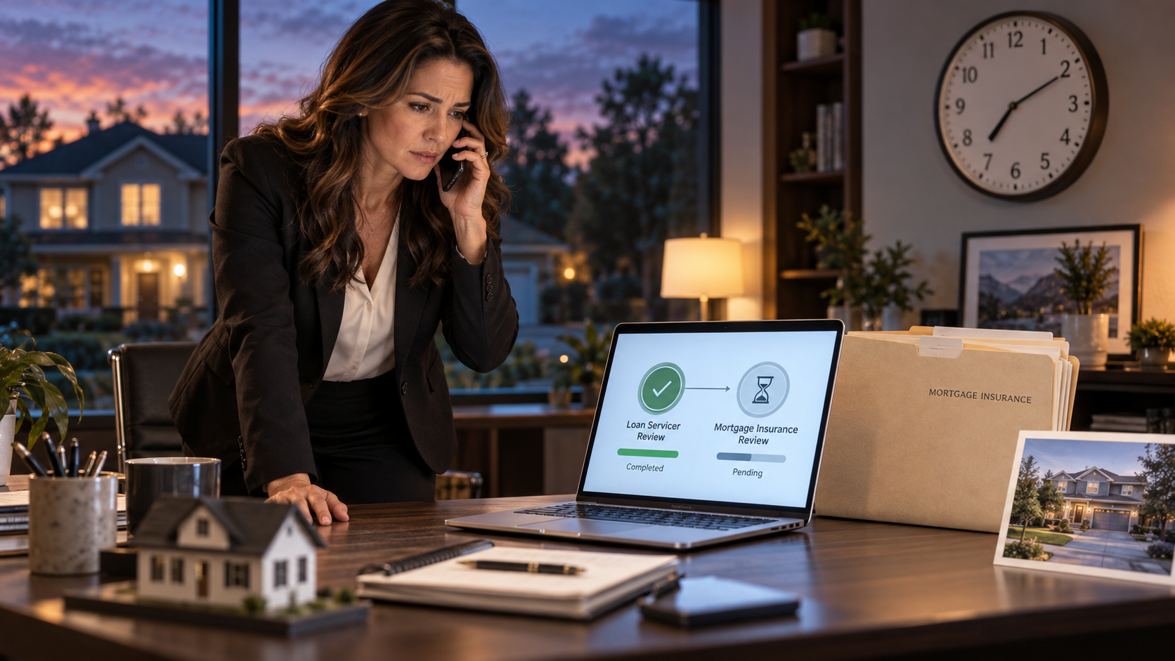 Real estate agent tracking a short sale after servicer review while mortgage insurance approval remains pending.