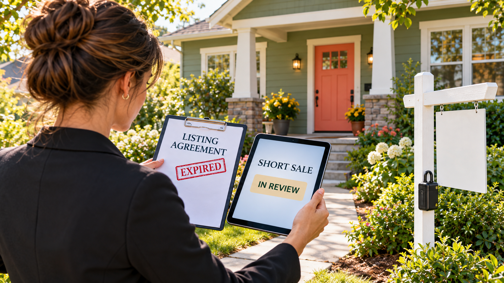 Listing agent outside a home comparing an expired listing agreement with a tablet showing a short sale still in review.