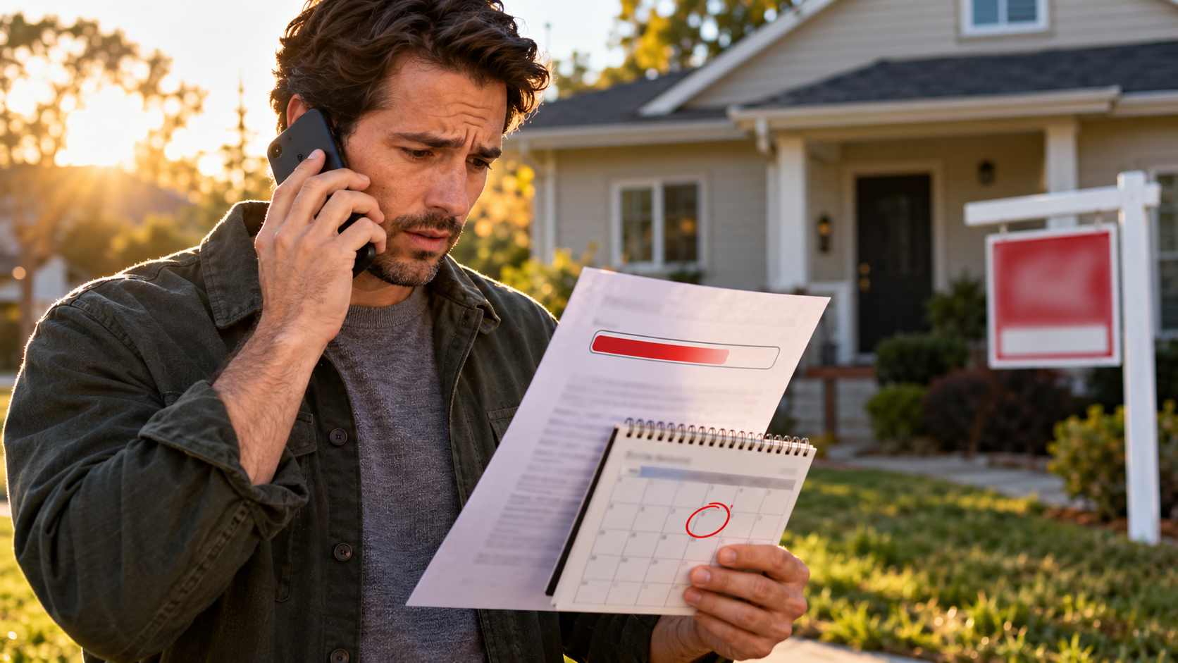 Buyer calls a mortgage lender outside a home for sale while reviewing a rate lock notice and an approaching calendar deadline.