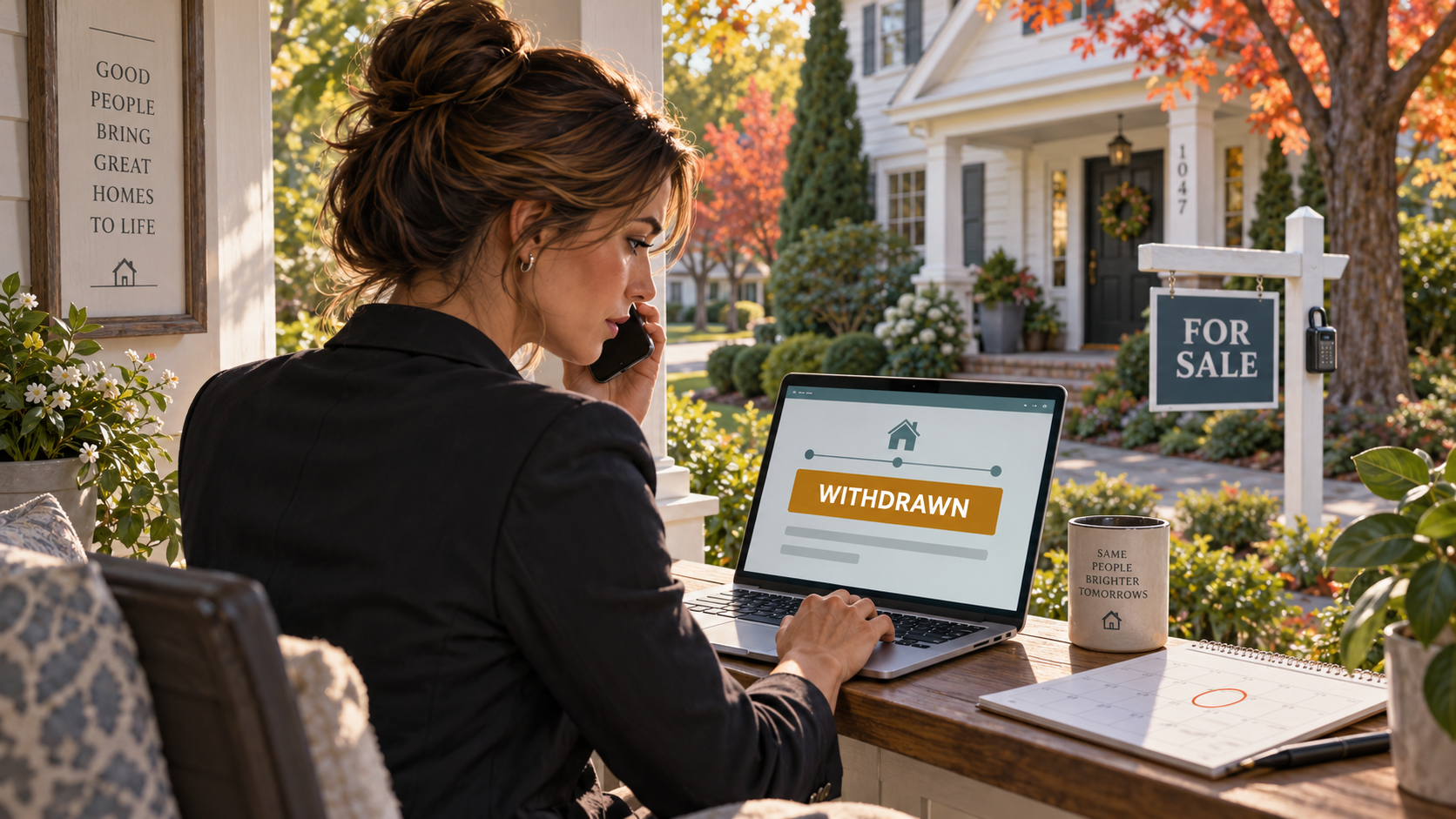 Agent calling the servicer beside a laptop marked withdrawn, with a listed home, lockbox, and circled calendar date nearby.
