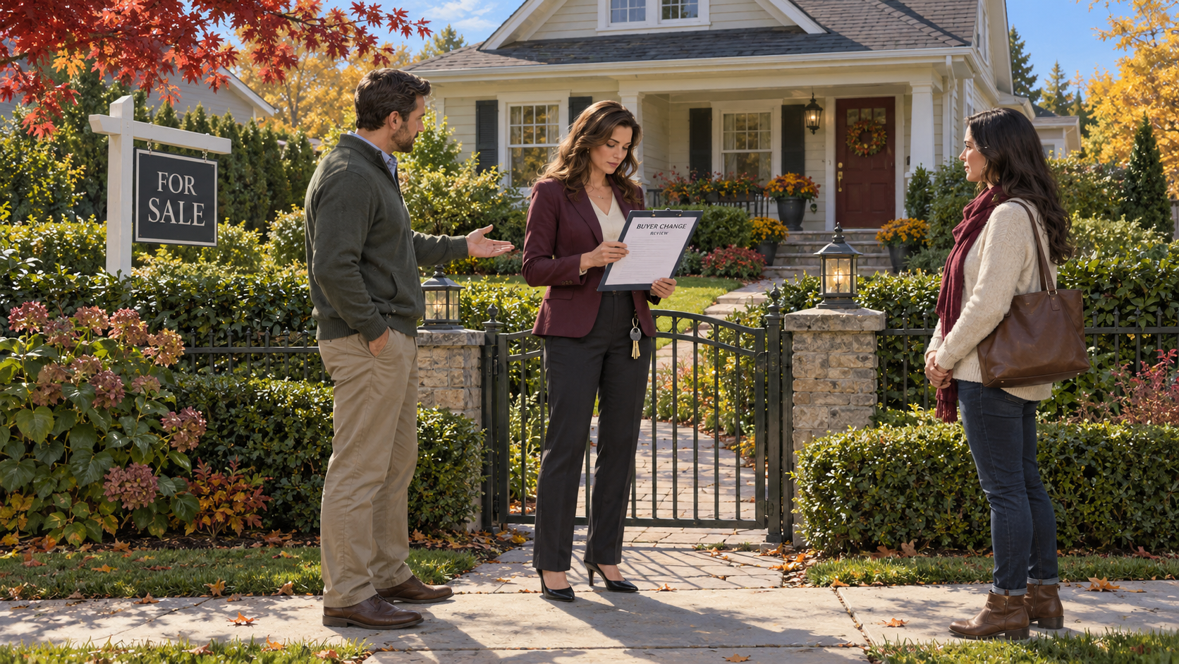 Agent reviews a buyer change document outside a home for sale while the original buyer and proposed replacement buyer wait beside a closed gate.