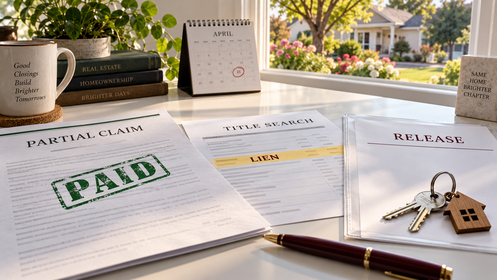 Partial claim marked paid beside a title search showing a lien, a release sleeve, house keys and a circled calendar date.