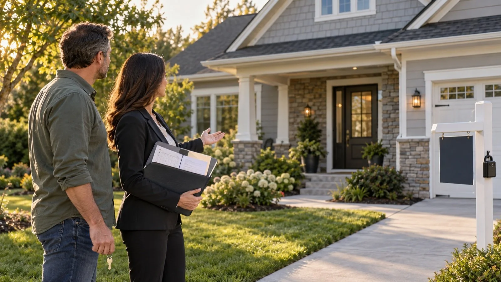 Homeowner and real estate agent reviewing a short sale approval timeline and mortgage documents.