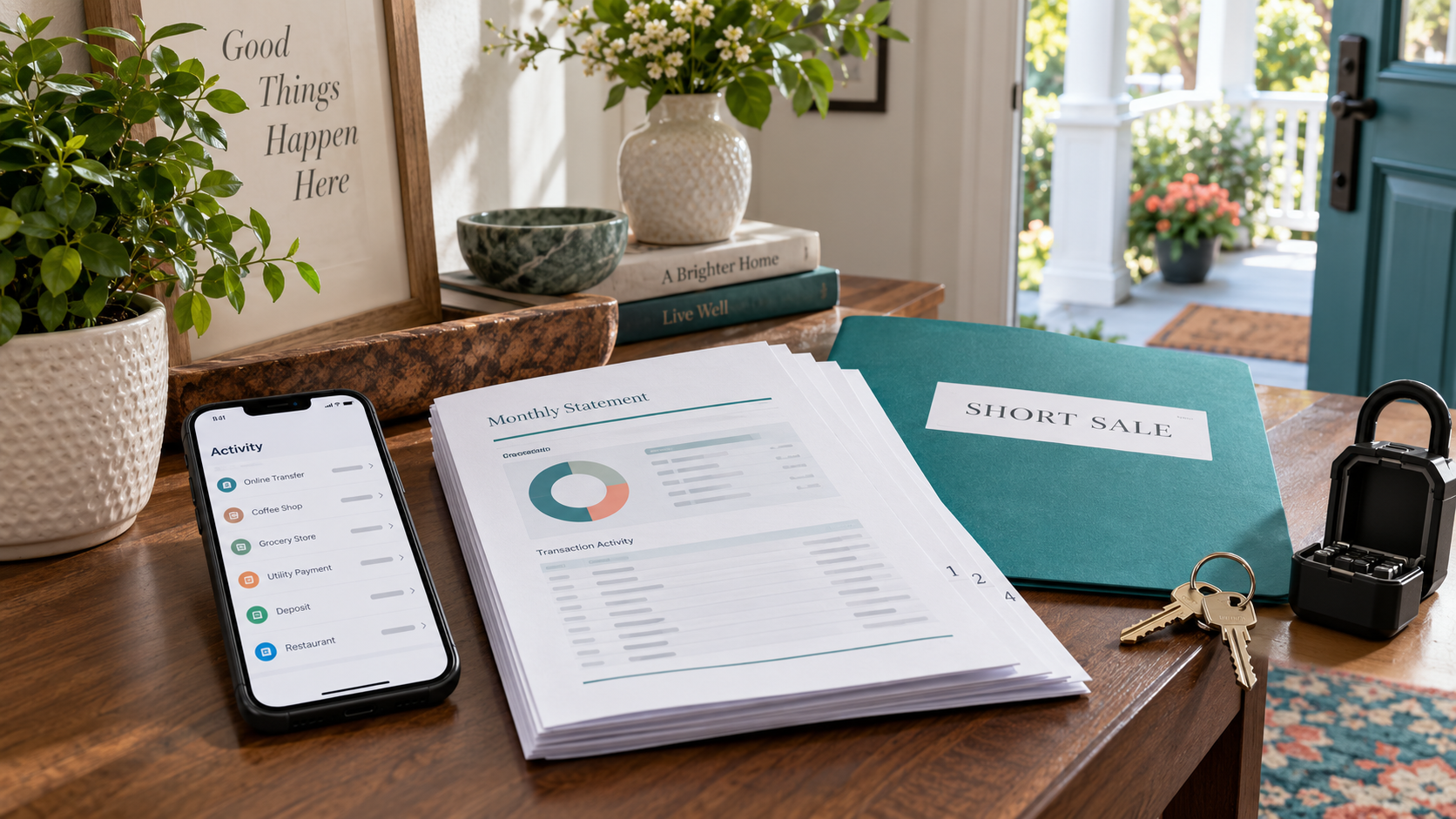 Phone showing transaction activity beside a monthly statement packet, short sale folder, house keys, and property lockbox.